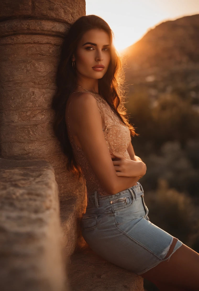 A brunette young sexy woman with long hair and hot clothes sits on a seat in spain as the sun sets
