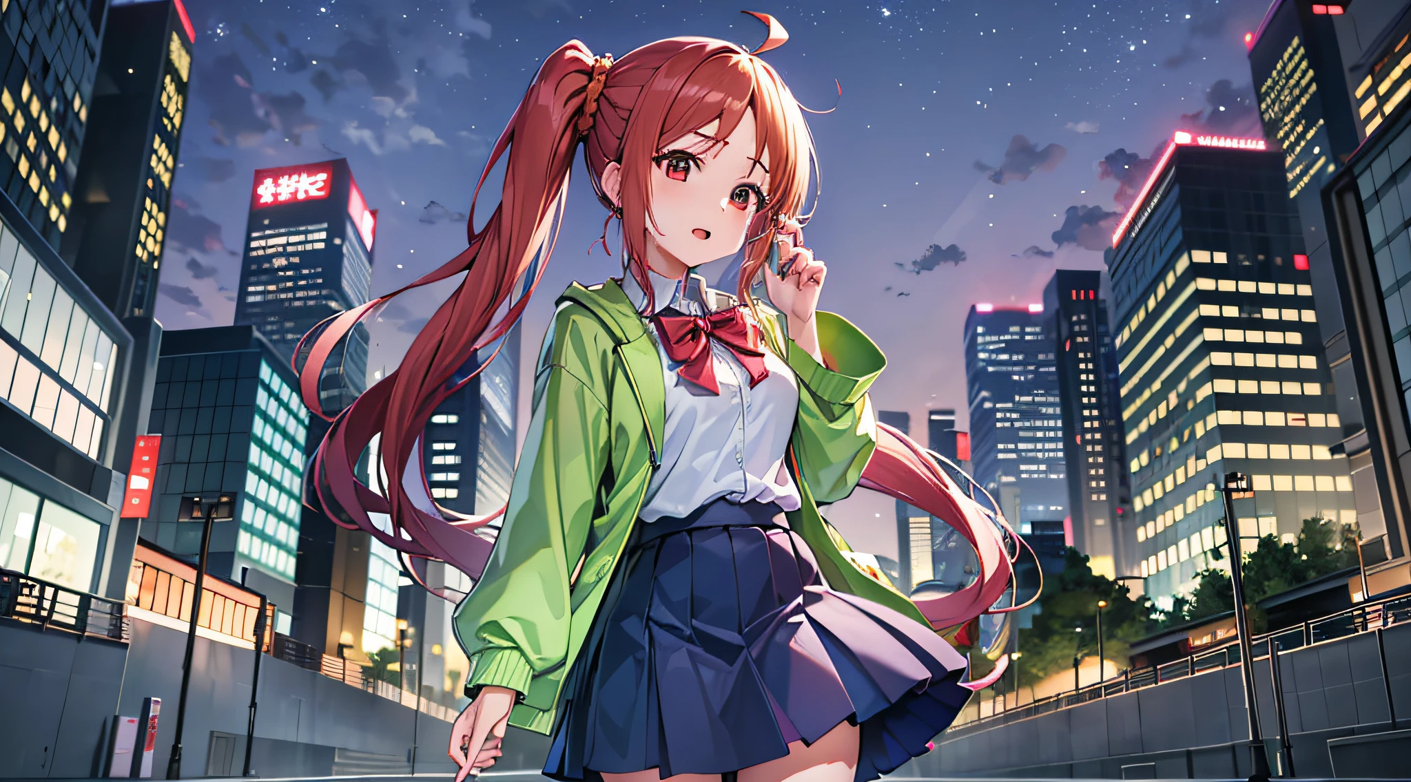 (masutepiece), Best Quality, hight resolution, 4K, 1girl in, Solo, nice hand, in1, Side Ponytail, Long hair, Ahoge, White shirt, School uniform, Blue skirt, Long sleeves, Red bow, White socks, Green jacket,Tokyo city background at night