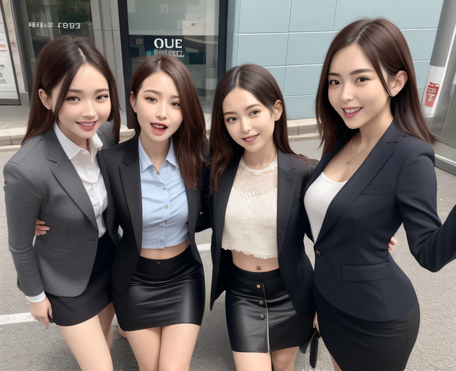 4-girls,超A high resolution, Photorealistic, Best Quality, 8K resolution,、street corner、In the street、Open your crotch、Thin constriction、Navel Ejection、Work attire、suits、Black mini skirt、 Ah face, Ecstasy, Face up, Shoot from above, Eyes roll back, eyes up