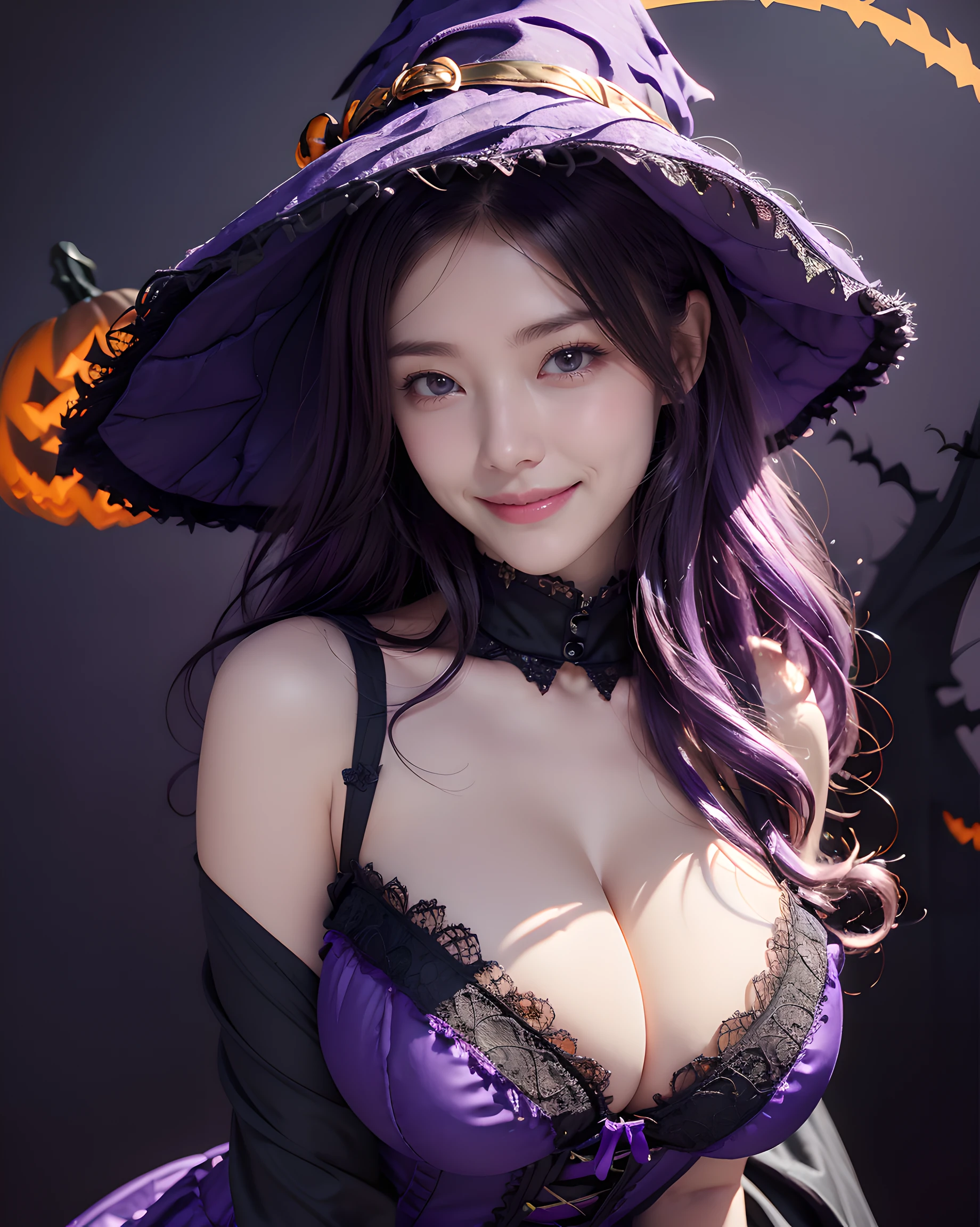 (Halloween theme:1.5), (fantasy:1.5), simple black background:1.5), upper body portrait of a very busty beautiful woman wearing overbust corset, ultra detailed embroidery lacy corset, frilled lacy short skirt:1.3, detailed clothes, (lacy purple witch hat:1.3), BREAK, (;D1.3, happy evil smile:1.2)), perfect face,perfect eyes,HD details,high details,sharp focus,studio photo,HD makeup,shimmery makeup,celebrity makeup, (bust up image:1.5), ((centered image)) (HD render)Studio portrait,magic, magical, fantasy,(huge breasts)(large breasts),(big breasts),(sagging breasts), wavy curly hair:1.3, (purple hair:1.3), (front view:1.3), from below, low angle,
