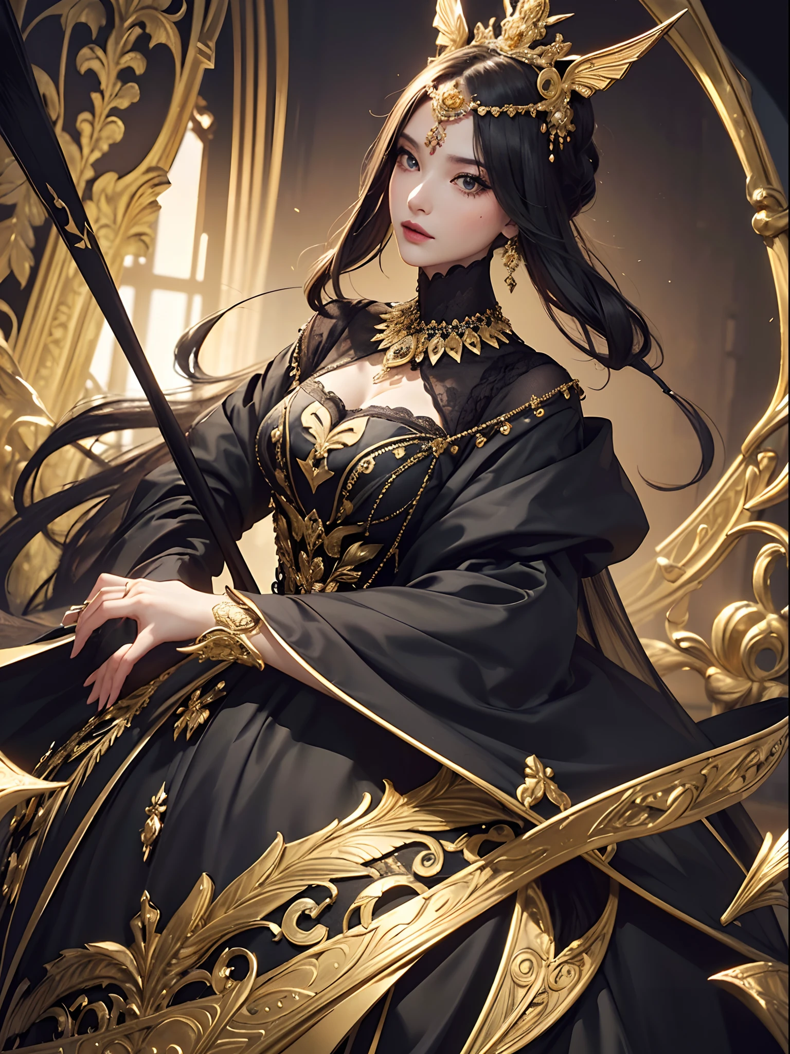 Black and gold tones、Vibrant colors、((​masterpiece)))、(((top-quality)))、((ultra-detailliert))、(A hyper-realistic)、(highly detailed CGillustration）、Official art、Paris at the beginning of the 20th century、Decadent、Madame Papillon、Masquerade、Elegance、Masks that cover most of the face、Colorful and detailed mask design、matchless beauty、Fans、gorgeous dress、jewely、Perfect Angle、perfect-composition、full body Esbian