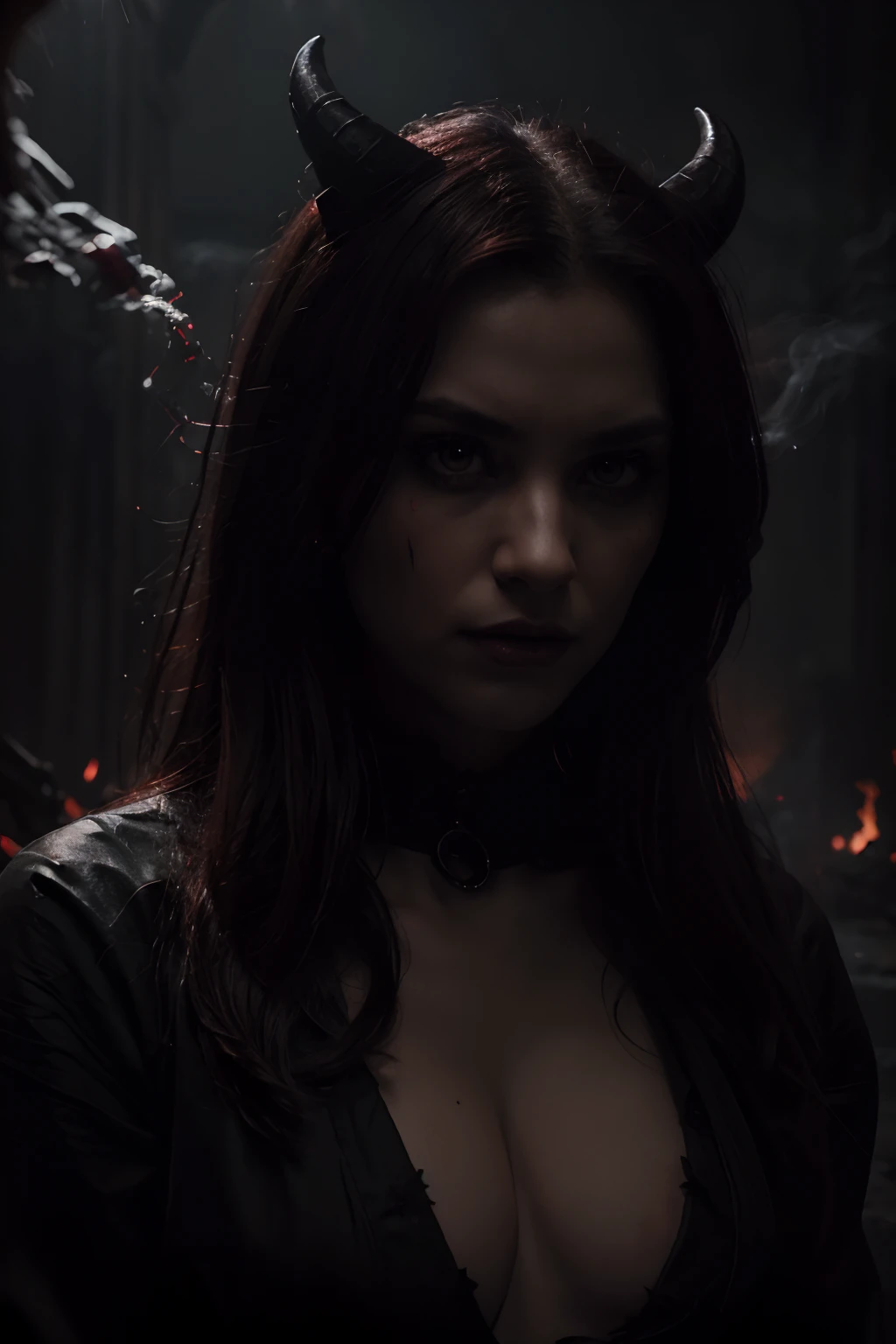 (best quality,4k,8k,highres,masterpiece:1.2),ultra-detailed,(realistic,photorealistic,photo-realistic:1.37),sinister gaze,dark,fiery,haunting,ominous,supernatural essence,mysterious shadow,glowing red iris,and piercing black sclera,devilish details,fiery eyelashes,sharp fangs,ominous smoke,demonic horns,powerful presence,foreboding aura,crimson color palette,dramatic lighting,devilish charm,hellish scape.