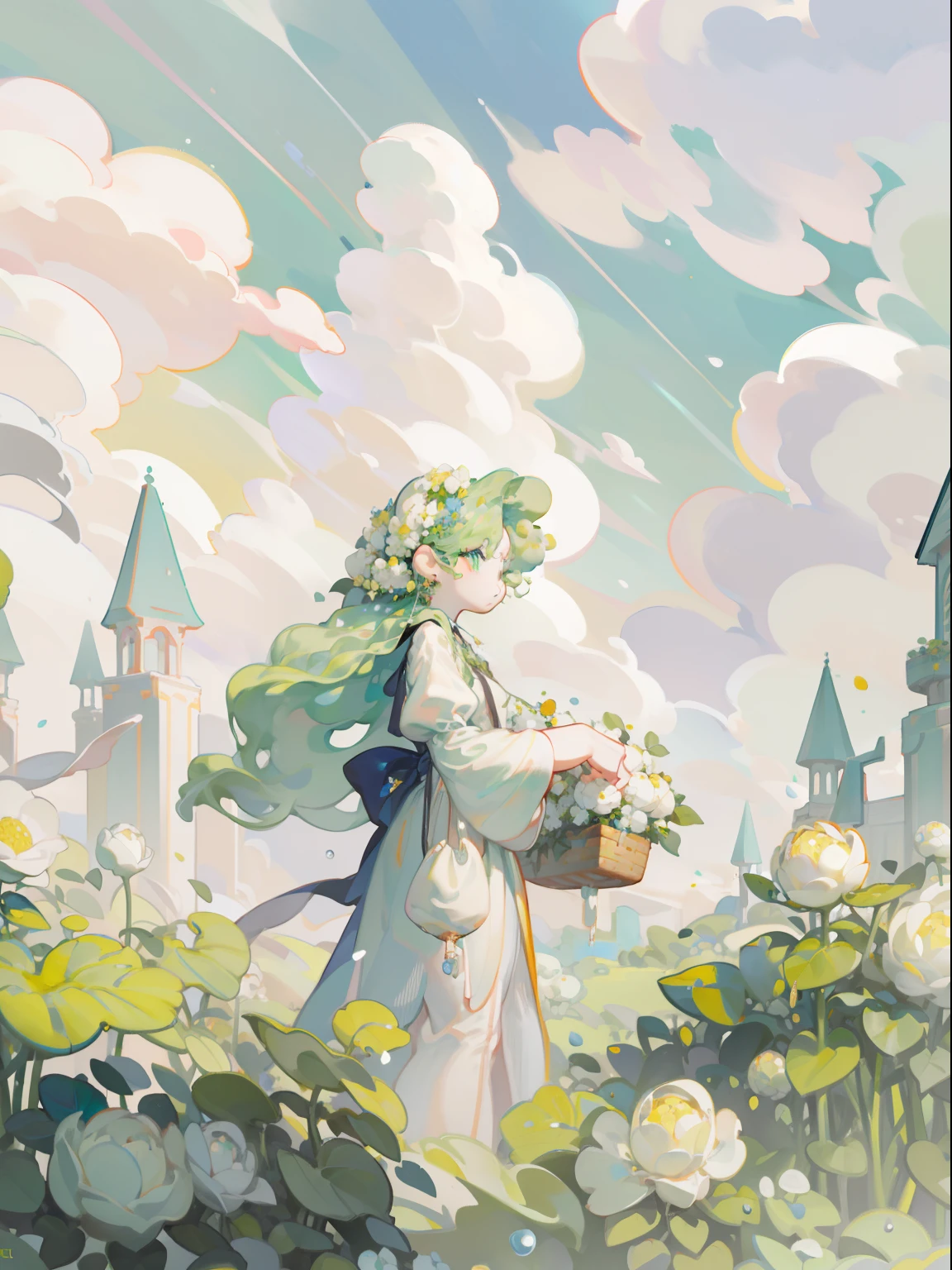Epic CG matte painting, Wide view, Pale green clouds, borgar, A garden full of flowers on the clouds, A few drops of water fell from the clouds, A sea of pale green roses, high-definition image, illusory engine, ArtStation 4k HD trend