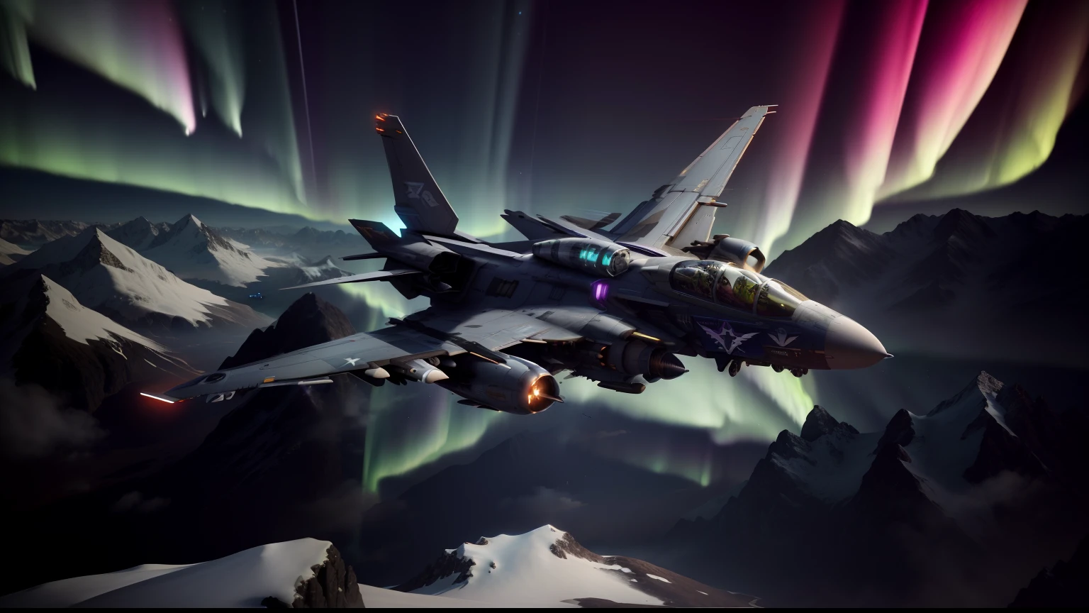 There was a jet flying over a mountain with an aurora, 4 k hd wallpaper c 1 7, valkyrie fighter jet, Cyberpunk concept inspired jets, Star Citizen Origin 100i, Cyberpunk pilot fighter, star citizen, star citizen digital art, Beautiful and cinematic lighting, Rendered in redshift, 8k render”, 8k octane 3d render