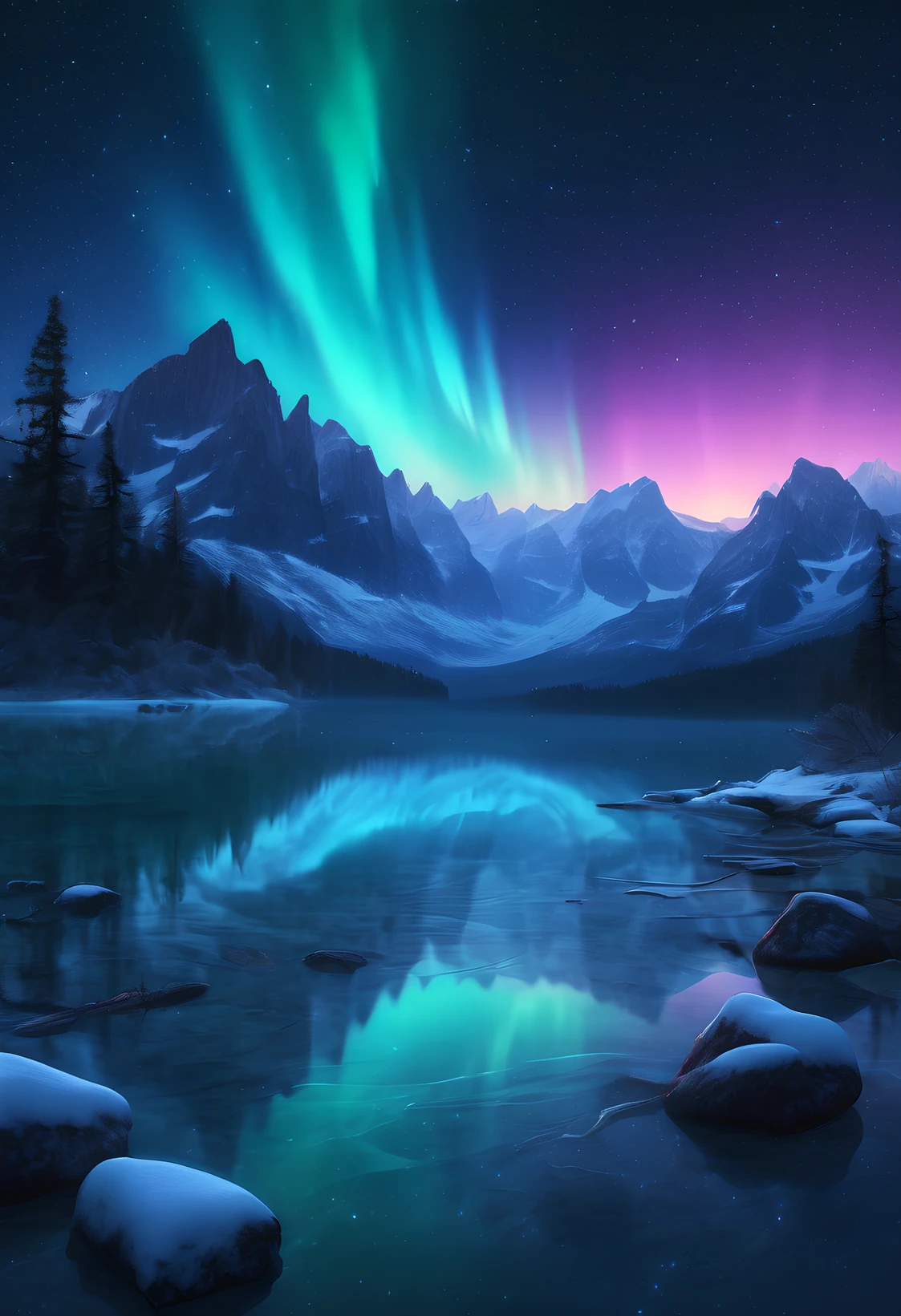 (best quality,4k,8k,highres,masterpiece:1.2),ultra-detailed,(realistic,photorealistic,photo-realistic:1.37),ethereal,dreamy,pulsating colors,vibrant,magical lights,celestial,starry night,northern lights,gradient sky,misty atmosphere,shimmering reflections,feathery brush strokes,luminous,dancing ribbons of light,tranquil,serene,wonder-filled,hypnotic patterns of light,moonlit landscape,twinkling stars,enchanted forest,breathtaking beauty,otherworldly,majestic,tranquil lake,snow-capped mountains,silent stillness,mystical ambiance,cosmic symphony,melting color palate,sublime,ethereal beings,dancing in the sky,harmony of nature and light,celestial ballet,frozen silence,glowing horizon,surreal,unearthly tranquility