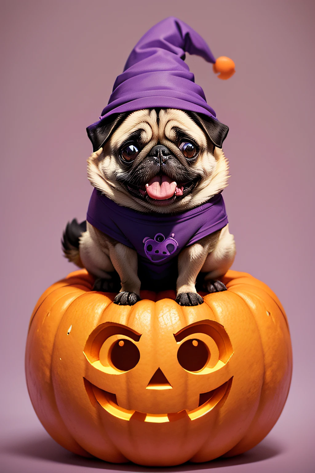 t-shirt design, minimalist, A  happy pug dog inside a carved pumpkin, with just its head popping out, wearing a tiny purple witch hat.