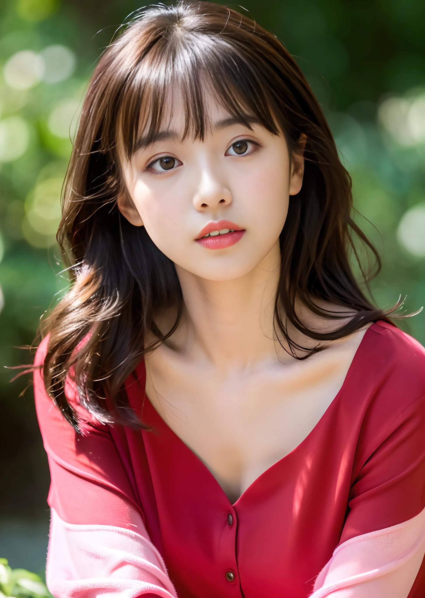 Medium view, medium shot, Depth of bounds written, bust, Upper body, cinematic angle, masterpiece, highest quality, Super detailed, cg, 8k wallpaper, beautiful face, delicate eyes, maiden, alone, smile, bangs,  Holding a bouquet of flowers, red dress, bow, petal