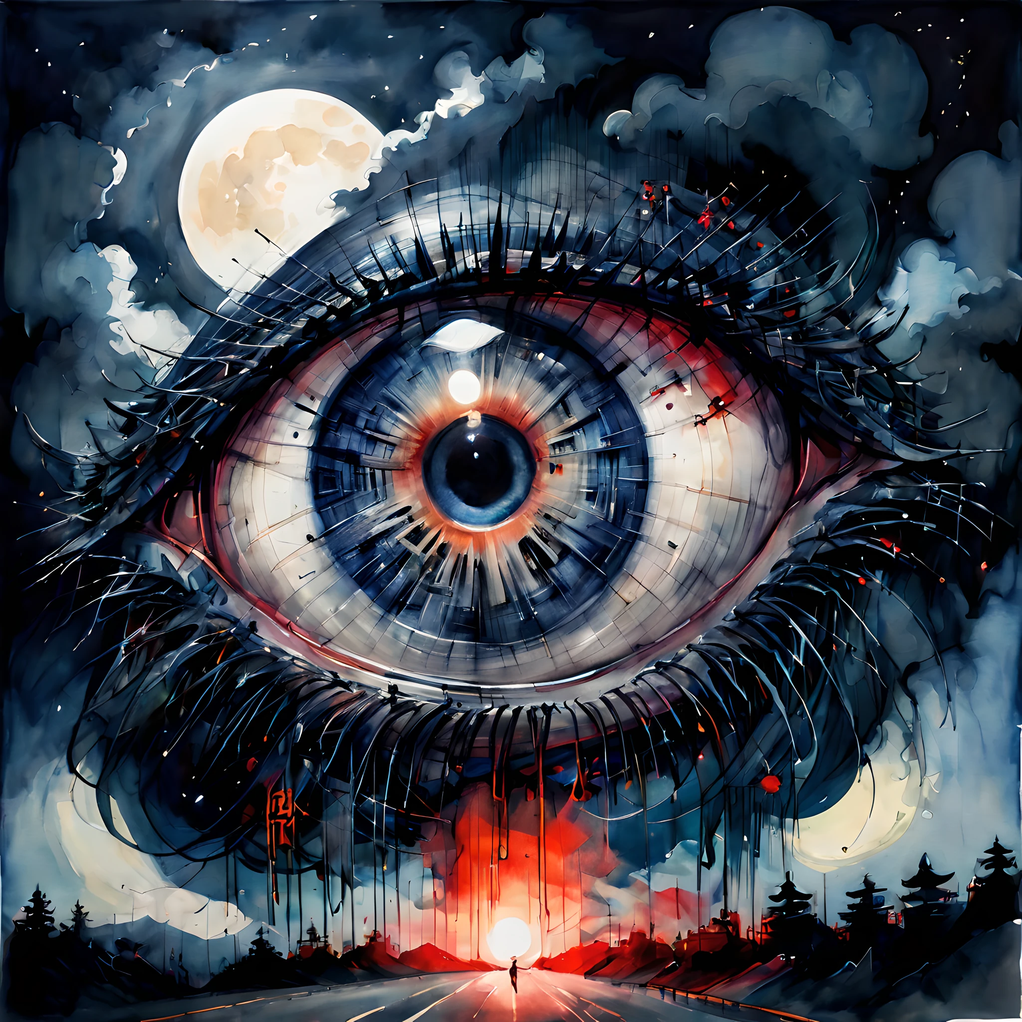 (halloween theme:1.5), (ink and watercolor painting:1.5), (Tasteful:1.5), (ink and watercolor painting:1.5), (Chinese style:1.5), (magic:1.5), (dripping paint;1.5), (dark theme:1.5), (fantasy:1.5), (devil's eye:1.5), (inspiration from Road of the rings:1.5), (centered image:1.5), (Devil's Eye Assimilated with the Moon 1.5), (full moon:1.5), (dark night sky:1.5), (cloud:1.5),