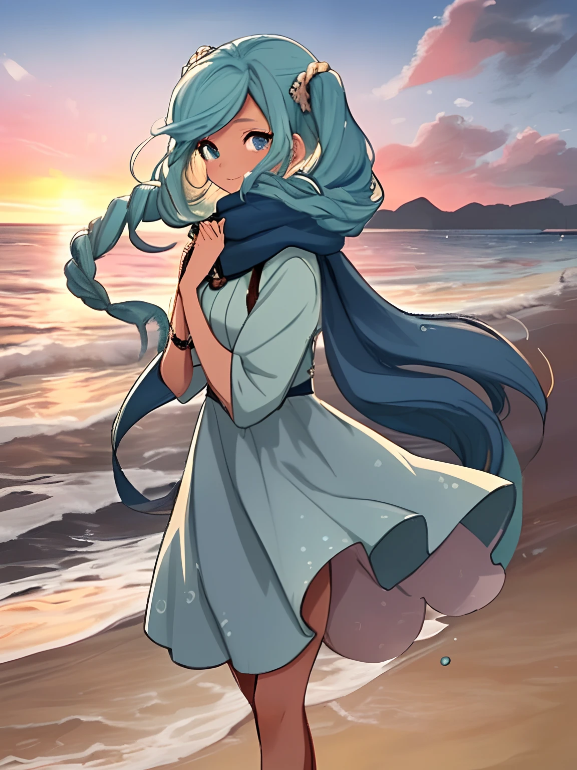 Character Name: Marina Age: 20 years old Gender: Female Height: 165 cm Weight: 55 kg Hair: Long sea blue hair, braided into two pigtails Eyes: Bright sea blue eyes Clothing: Wearing a long white dress with a twist navy blue, and always carries a twilight colored scarf. Distinctive Characteristics: Has a sea shell-shaped necklace around his neck. Background: Location: Marina often spends time at Elang Indah Beach, a place where the sunsets are spectacular. Weather: Sunny day with a calming sea breeze. Activities: Marina enjoys walking on the beach collecting sea shells and enjoying the waves. Story Background: Marina is a famous beach singer, and she often appears on the beach to sing soulful songs. Traits and Personality: Main Traits: Friendly, cheerful, and loving. Hobbies: Singing, painting sea views, and swimming in the sea. Unique Trait: Marina has the ability to talk to fish and sea animals, which gives her a special connection to the marine realm.