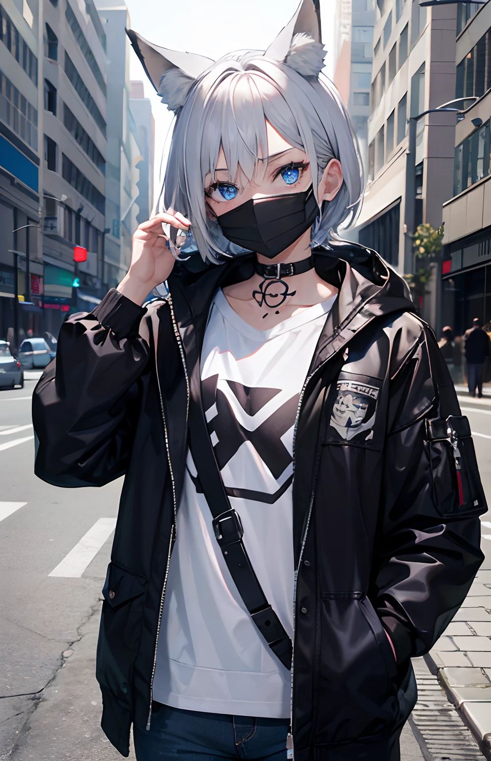 masterpiece,Top image quality,hight resolution,imagem 4k,Raw photo,Photorealsitic,{Solo},s girl,silber hair,Bery short hair,stare at each other,Blue eyes,小柄,Silver fox ears,Fox tail,The tattoo,,,boyish,、,shortpants,parka,Street fashion,Black mask