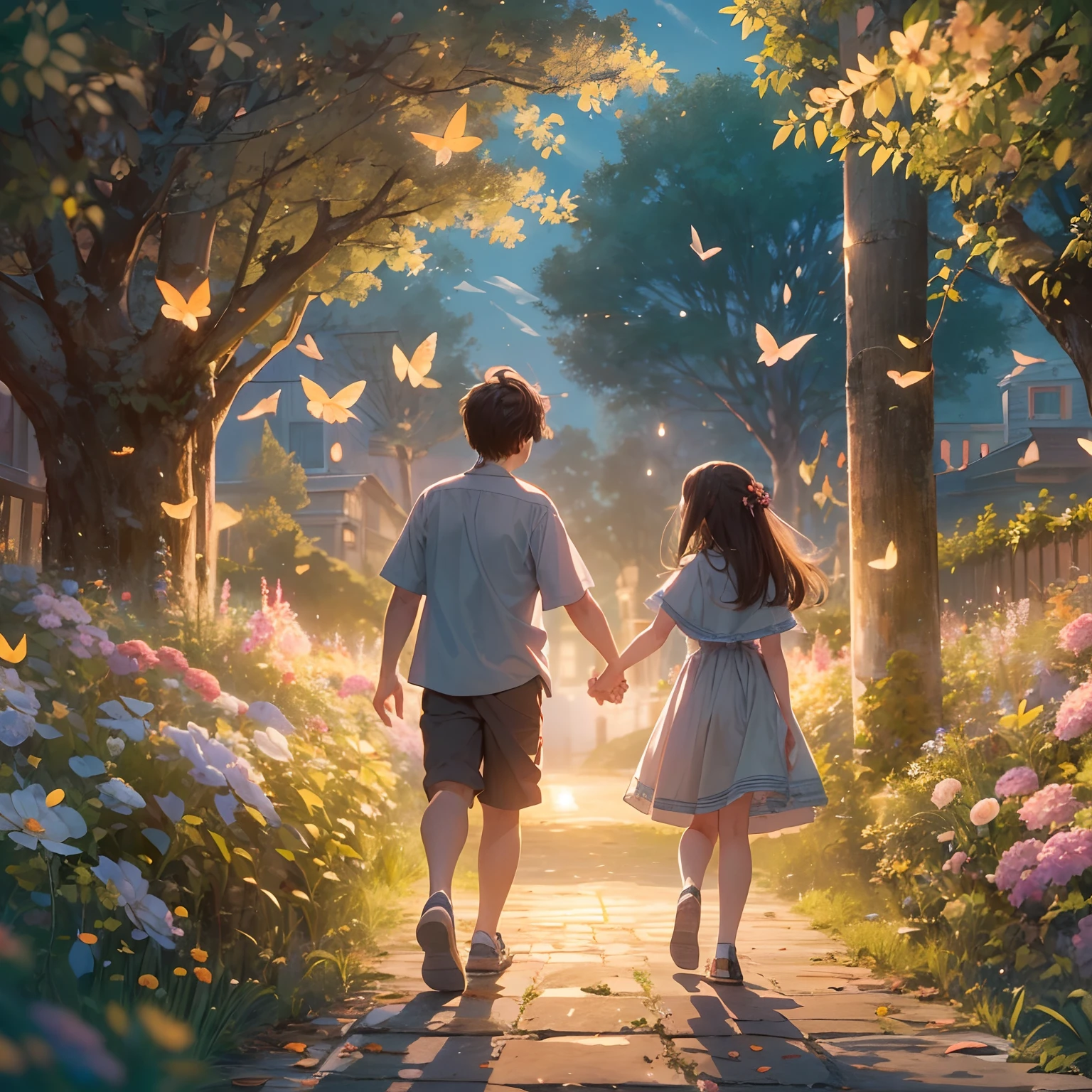 exquisitedetails, Highest quality 8K resolution, Ultra-detailed, Realistic, Vibrant colors, Soft tones, With warm and gentle lighting.(Rear view of a boy and a girl:1.2),(Boy and girl walk hand in hand:1.2),Garden Girl, Holding hands with someone, With an overflowing soft and gentle feeling, Multiple Corner Turns, Connect with someone, Visible emotions and specific emotions, I want to believe, Use illustrations,Girl and boy standing on the road, Their arms wrapped tightly around each other. Long-haired beautiful girl fluttering in the wind, Eta、The boy has a charming smile on his face. The promenade is full of flowers, Create colorful reflections.The sun's rays illuminate the joy and pure love of two people, Cast a warm golden glow on their faces. Their love is like a blessing from God, Free yourself from the hassles of this world. The atmosphere is full of happiness and laughter, It's like heaven、As if celebrating the love of two people. The artwork is、Create a combination of digital illustrations and photos, Sticking to ultra-detailed depictions and vivid colors. In a style that blends romanticism and realism、You can feel the depth of their love. The color palette consists of soft pastel tones, Create an ethereal atmosphere like a dream. and the lighting is soft and diffused, Cast a gentle light on their faces,、The warmth of the hug increases. The artwork is a masterpiece, Meticulously crafted to capture the essence of their unbreakable bond.