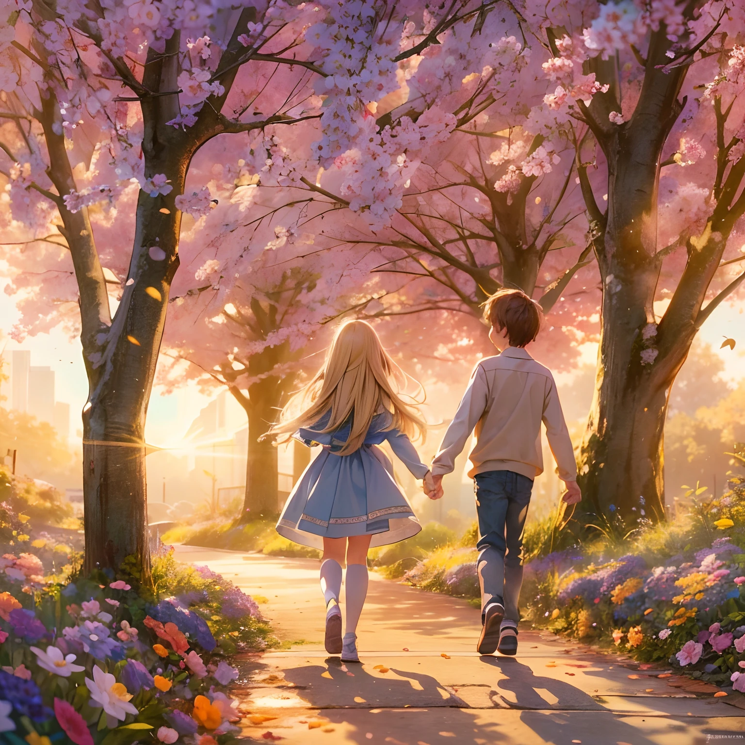 exquisitedetails, Highest quality 8K resolution, Ultra-detailed, Realistic, Vibrant colors, Soft tones, With warm and gentle lighting.(Rear view of a boy and a girl:1.2),(Boy and girl walk hand in hand:1.2),Garden Girl, Holding hands with someone, With an overflowing soft and gentle feeling, Multiple Corner Turns, Connect with someone, Visible emotions and specific emotions, I want to believe, Use illustrations,Girl and boy standing on the road, Their arms wrapped tightly around each other. Long-haired beautiful girl fluttering in the wind, Eta、The boy has a charming smile on his face. The promenade is full of flowers, Create colorful reflections.The sun's rays illuminate the joy and pure love of two people, Cast a warm golden glow on their faces. Their love is like a blessing from God, Free yourself from the hassles of this world. The atmosphere is full of happiness and laughter, It's like heaven、As if celebrating the love of two people. The artwork is、Create a combination of digital illustrations and photos, Sticking to ultra-detailed depictions and vivid colors. In a style that blends romanticism and realism、You can feel the depth of their love. The color palette consists of soft pastel tones, Create an ethereal atmosphere like a dream. and the lighting is soft and diffused, Cast a gentle light on their faces,、The warmth of the hug increases. The artwork is a masterpiece, Meticulously crafted to capture the essence of their unbreakable bond.