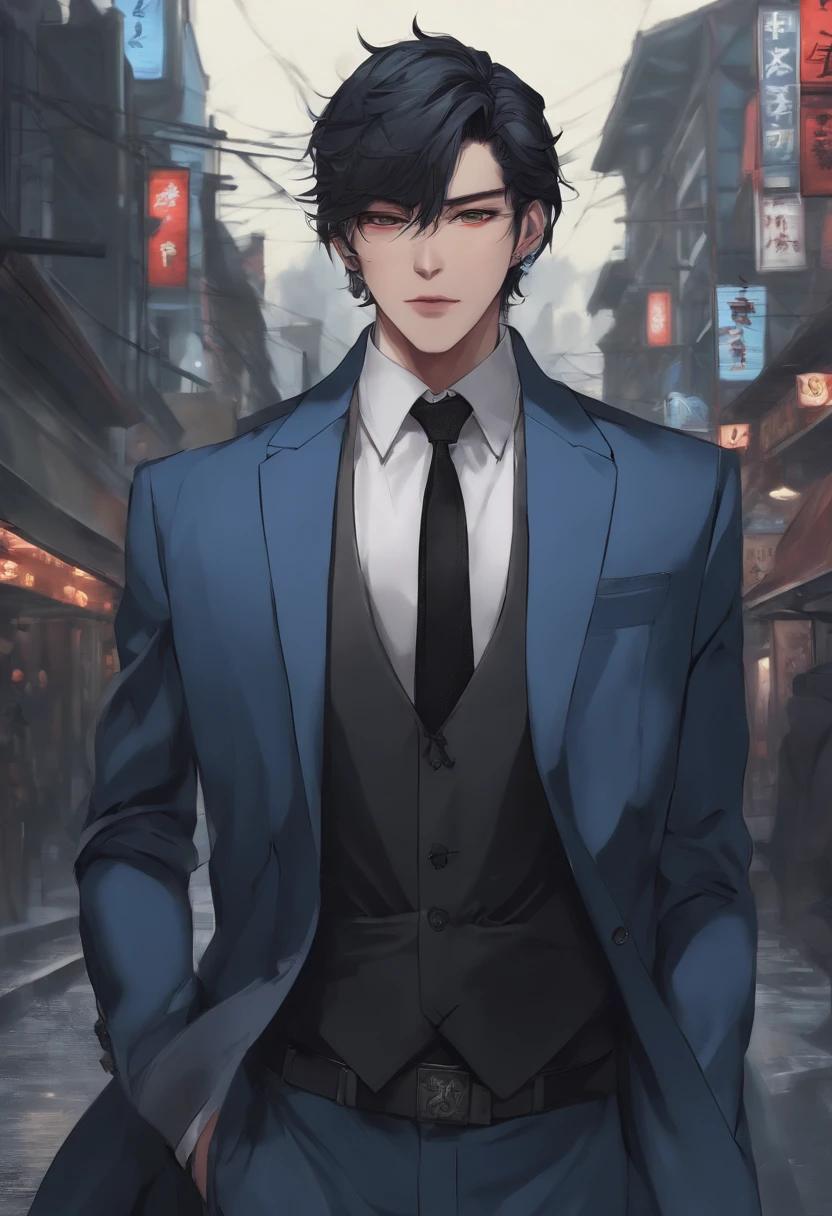 Detailed anime style, Masterpiece, Studio quality, 6k, Full body shot, 1boys, demon, tusks, teeth, Gray eyes, Colored skin, (Blue skin 0.9), Goth, Heavy-duty suit, Black hair, Detailed background, A modern town in Japan, Complementary colors, Cinematic lighting, detailedshadows, Digital texture painting