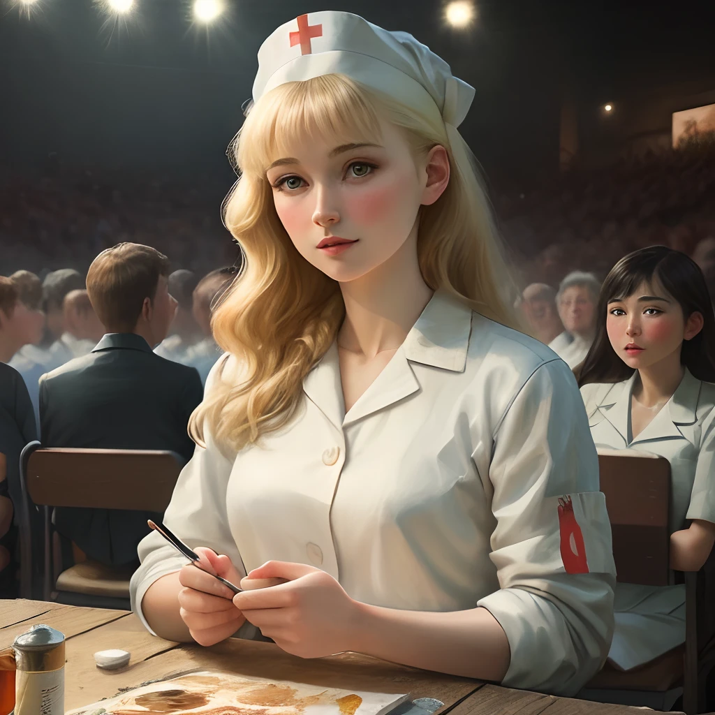 The masterpiece is the best delicate girl, the best delicate and the world masterpiece theater,super-fine，The best blonde high resolution best 1gir,Superb illustration，Look at the audience impasto, canvas，oil painte wind，realistic, realstreal,nurses