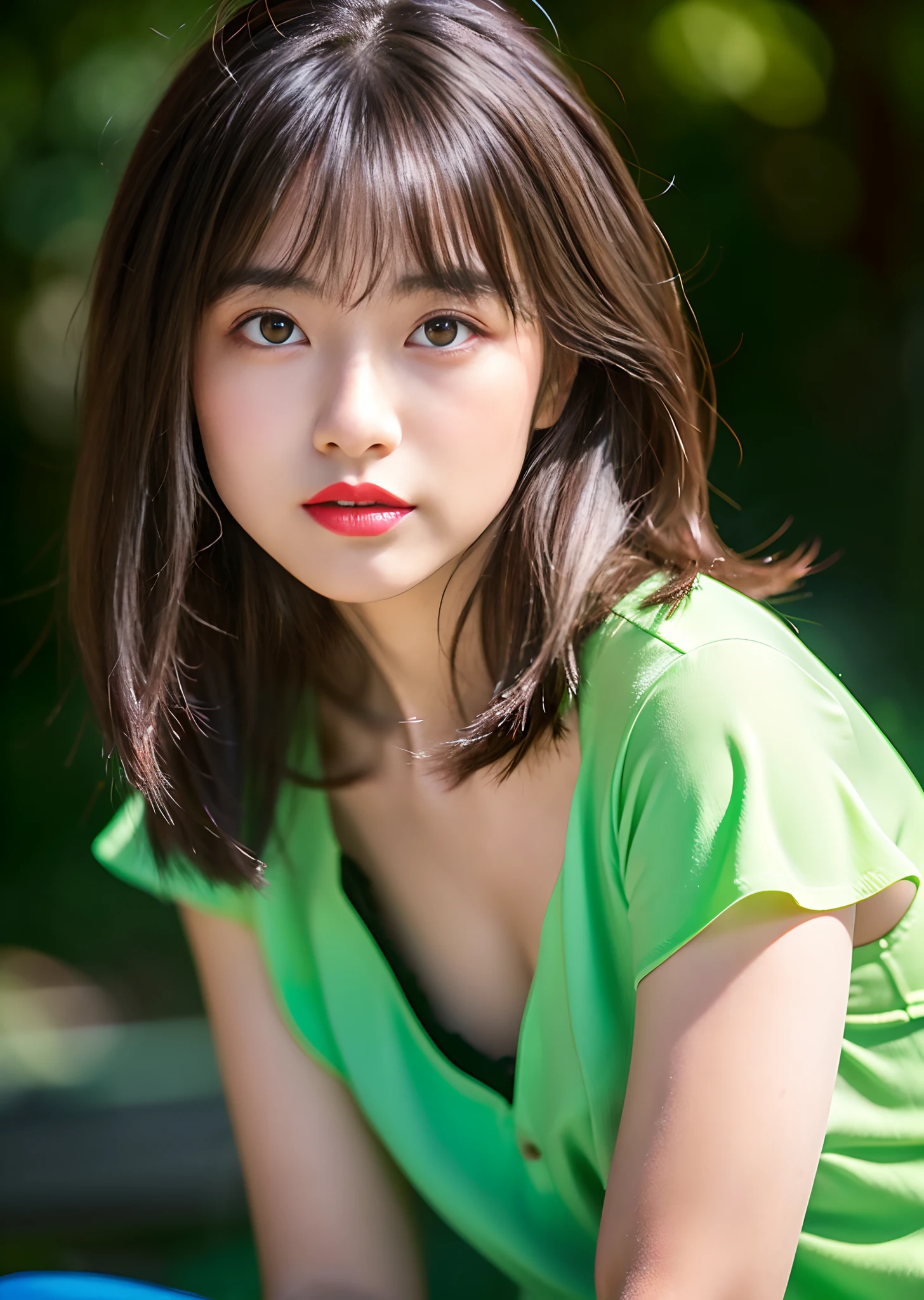 Random posture、Japan woman at 21 years old、
(Raw photo、8K、Photorealsitic:1.3)、(masterpiece、top-quality)、(frombelow)、35mm shot、Look at viewers、hight resolution、
((girl with、独奏))、(detailed beautiful faces、Beautiful detailed pink eyes、detailed perfect skin)、
((flat-chest))、Light brown shaggy hair、eyes visible through hair、(red blush)、
sitting on、dressed casually、Slimed、A slender、small tits
