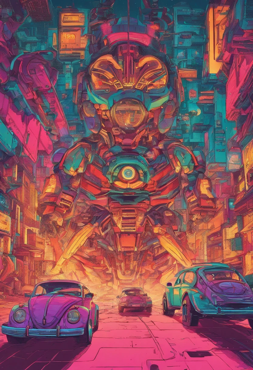 Top-down view of vintage Beetle artwork, Anime style from the 90s, detailed anime art, Retro anime art from the 90s, Detailed depiction of a traditional beetle shade anime, Art with a retro vibe, Nostalgia, Dynamic lighting, Clean and clear details, Art with a sense of movement, hight contrast, Bold and lively compositions