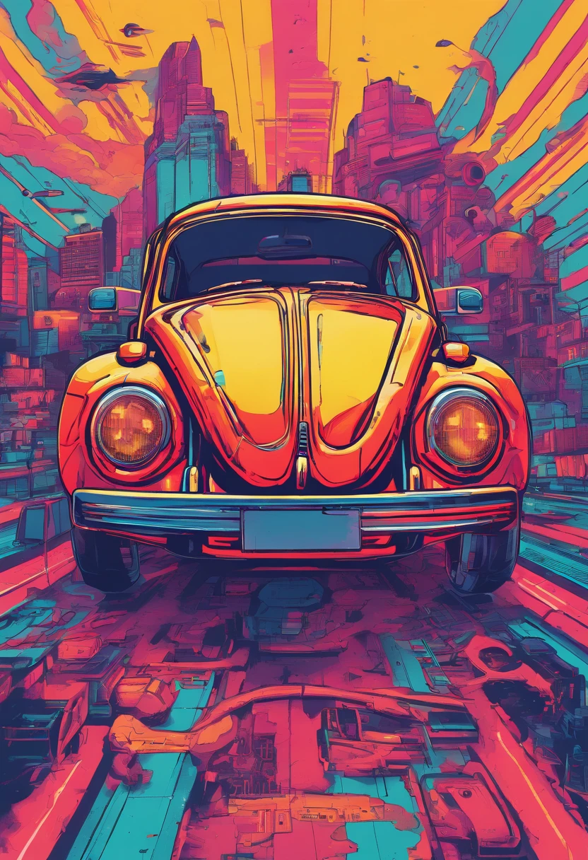 Top-down view of vintage Beetle artwork, Anime style from the 90s, detailed anime art, Retro anime art from the 90s, Detailed depiction of a traditional beetle shade anime, Art with a retro vibe, Nostalgia, Dynamic lighting, Clean and clear details, Art with a sense of movement, hight contrast, Bold and lively compositions