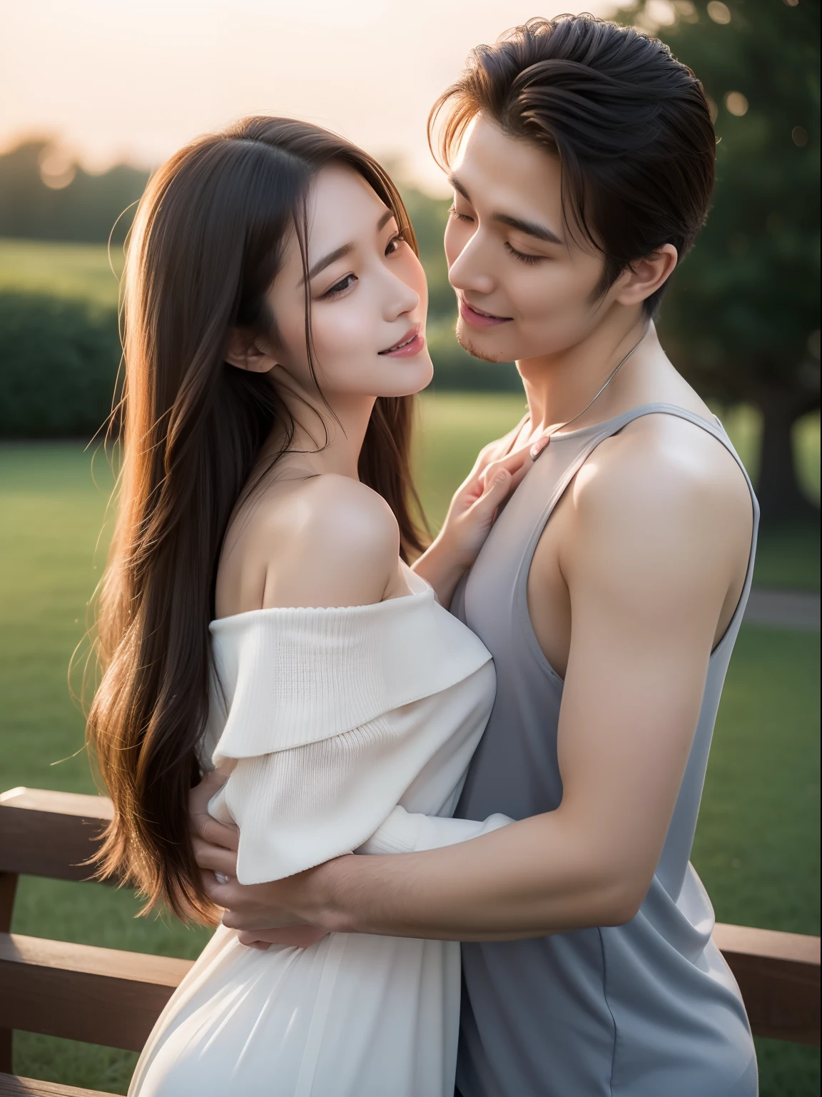 top-quality、超A high resolution、A hyper-realistic、reallistic、Raw photography、8k picture、Young sexy Japan woman、Wearing off-the-shoulder black tight dress、strap slip。Brown Long Hair、Young handsome man caressing woman hugging from behind、The man's hand is attached to the woman's flank、Romantic 2、park bench、The sunset is a heart symbol.