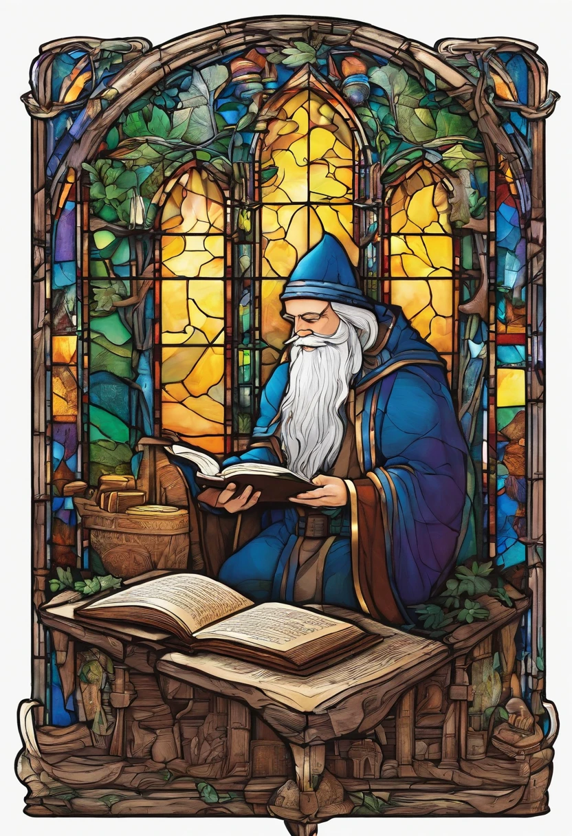 A wise old wizard reads an ancient tome by candlelight in a library carved from a large tree.. Tolkien's magical atmosphere.