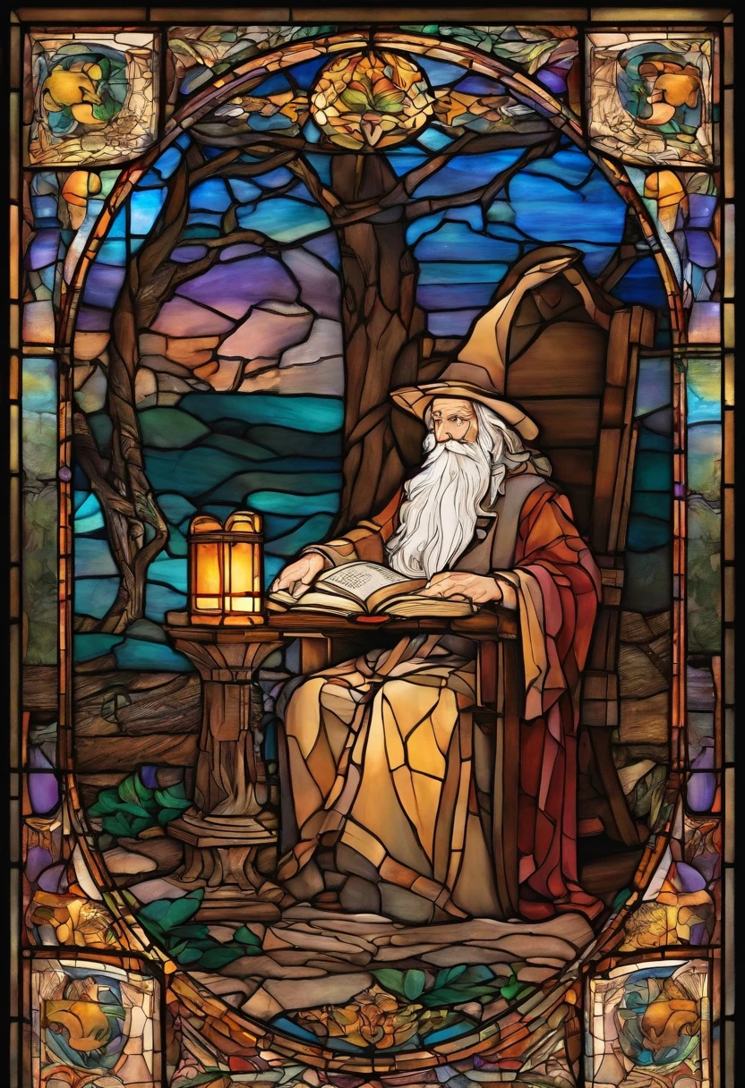 A wise old wizard reads an ancient tome by candlelight in a library carved from a large tree.. Tolkien's magical atmosphere.