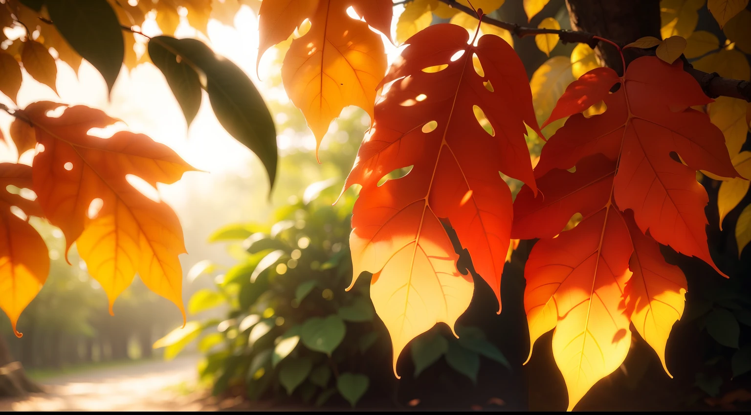 Colored leaves、Up、8K、top-quality、Delicate leaves、Branches in the sun、Hang sunlight on the leaves、Photorealsitic、Natural soft light、Ultra-detail upwards、Background blur、Photo effects、k hd、Photo effects
