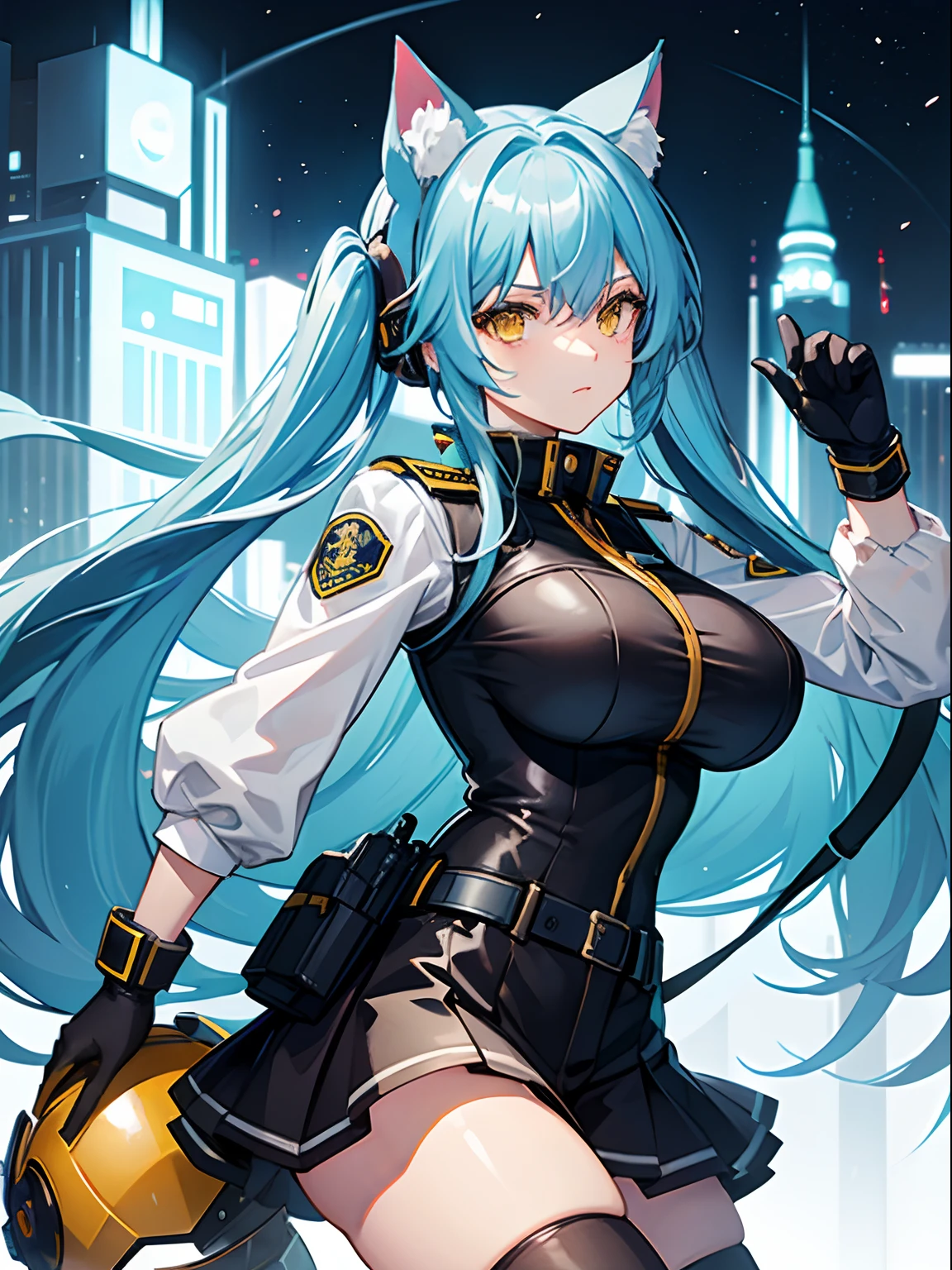 Long Hair, Twintail, Light Blue Hair, Yellow Eyes, Cat Ears, Big Boobs, Tight Police Uniform, Nighttime, Holding A Helmet, Wearing Black Gloves