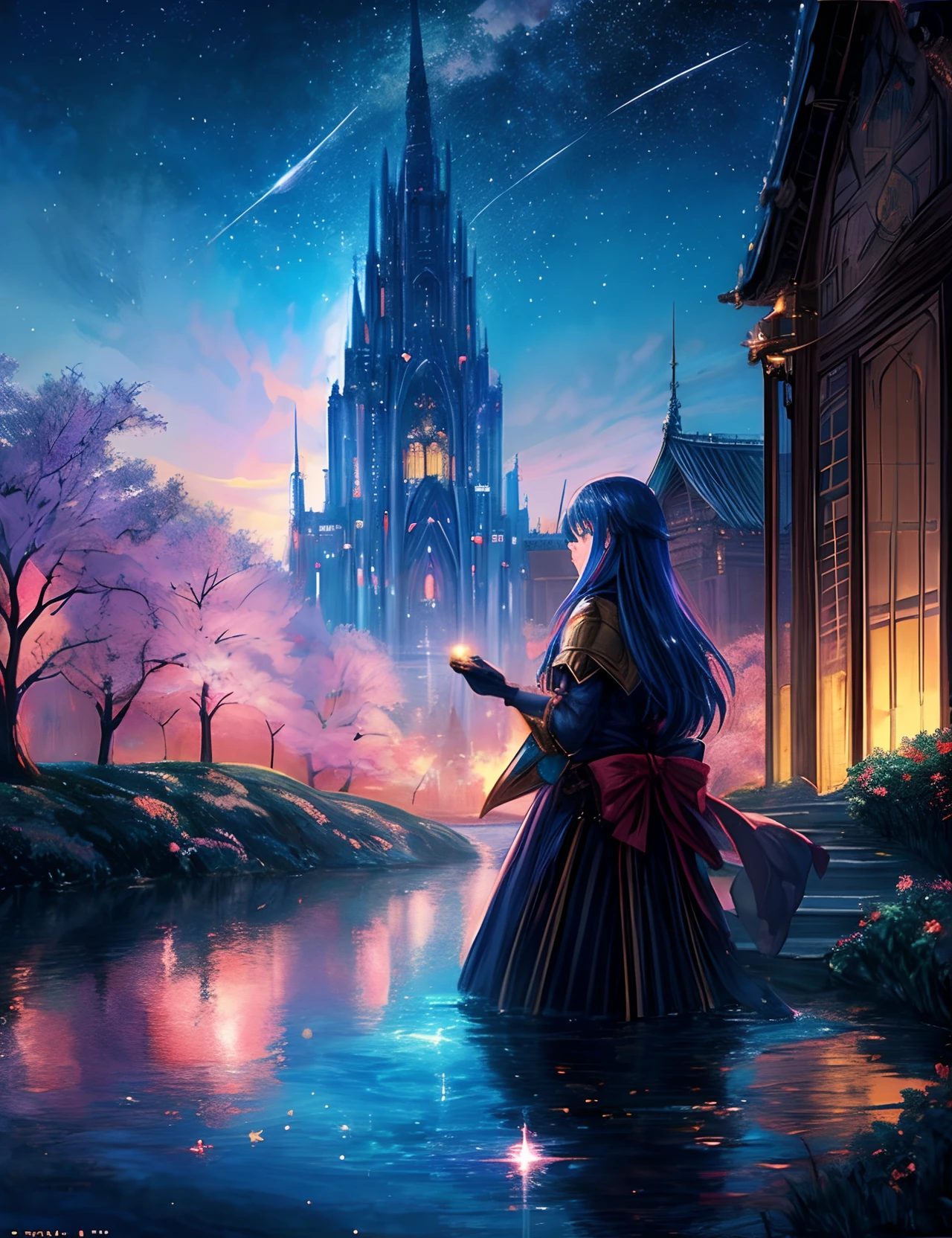 the met、Painting of a river with stars and moon in the sky、the met、Shining skyscrapers、Shine across the board、Skyscrapers、Concept art inspired by Mitsuoki Tosa、pixiv contest winners、top-quality、Fantasyart、beautiful anime scene、Bright moon、Moonlit star environment、Dream painting、Anime Background Art、Fantasy landscape art、fantasy knight、anime backgrounds、background artwork、Fantastic art、atmospheric anime、starrysky、Detail has been enhanced。
