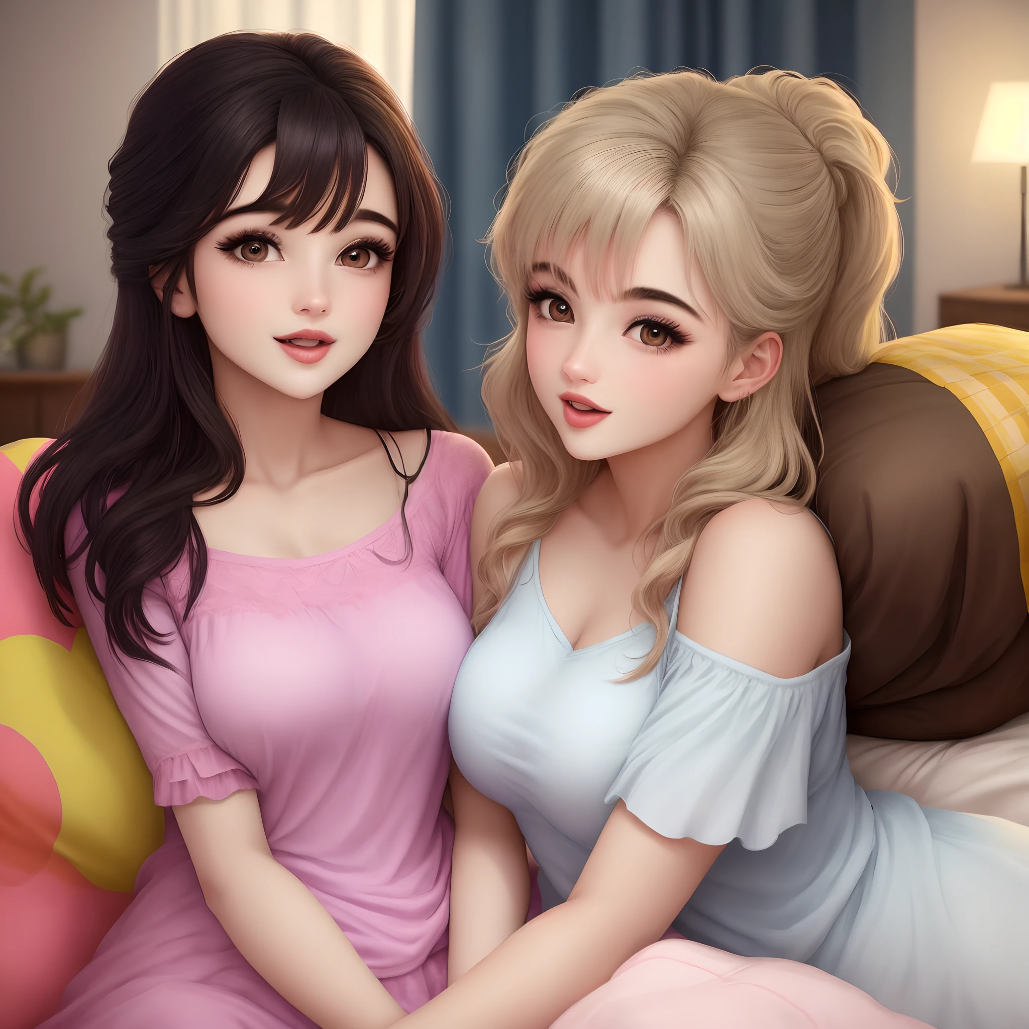a beautiful illustrated girl, 2 girls in silk pajamas, extremely detailed erotic intimate scene, soft sensual lighting, highly detailed, photorealistic, 8k, best quality, masterpiece, intricate details, realistic skin textures, natural lighting, intimate embrace, passionate, erotic, romantic, emotional, tender, elegant, graceful