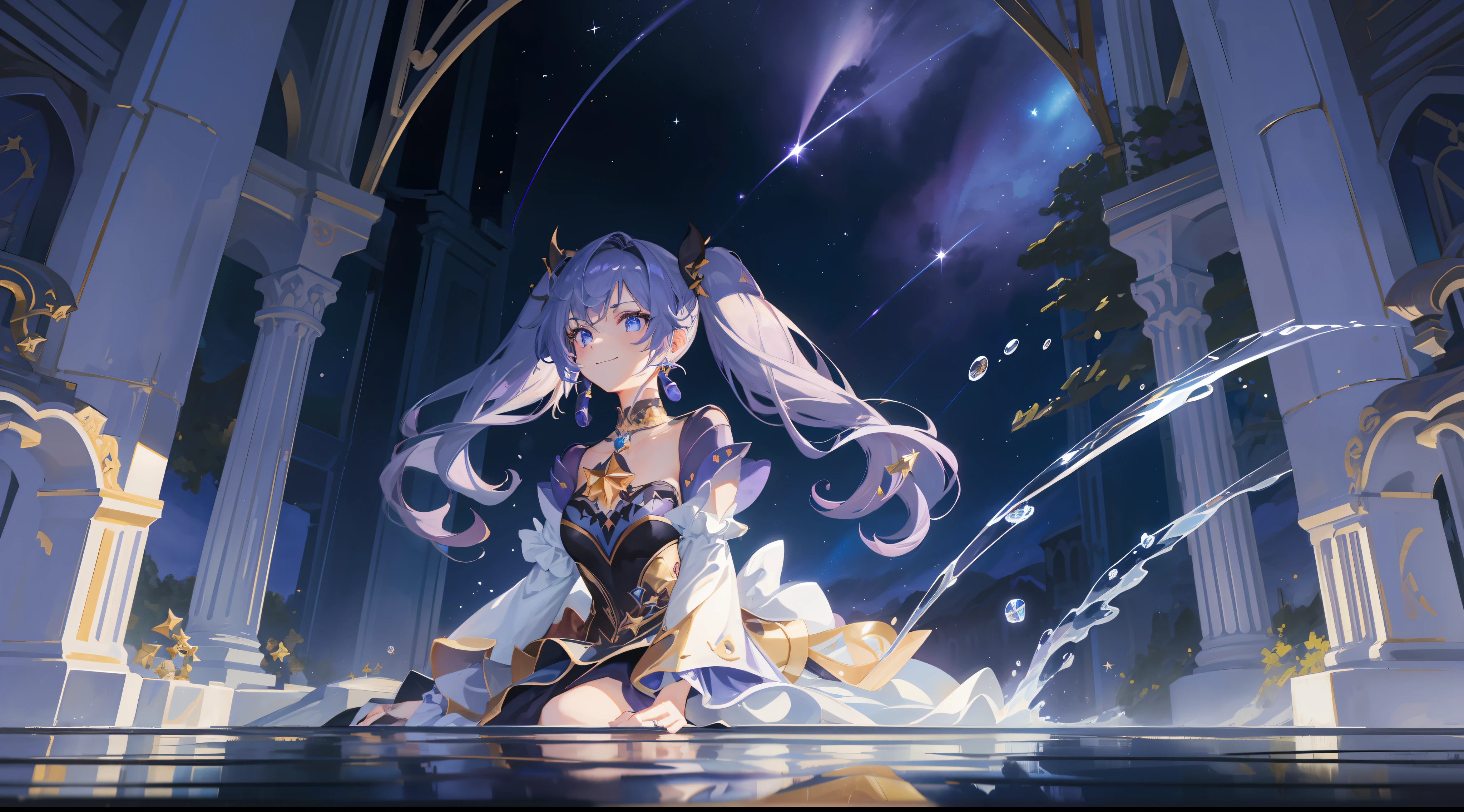 girl, solo, Mona \(Genshin Impact\), choker, hair between eyes, star \(symbol\), long hair, dark purple hair, twintails, blue eyes, shining eyes, smile, mysterious, jewelry, witch, maid, bangs, purple black dress, purple skirt, white apron, landscape, night sky, star \(sky\), starry sky, night, outdoor, clouds, reflection, water, magic, tarot, water magic, ((beautiful golden crystal star)), space, water drops, Splash, looks up