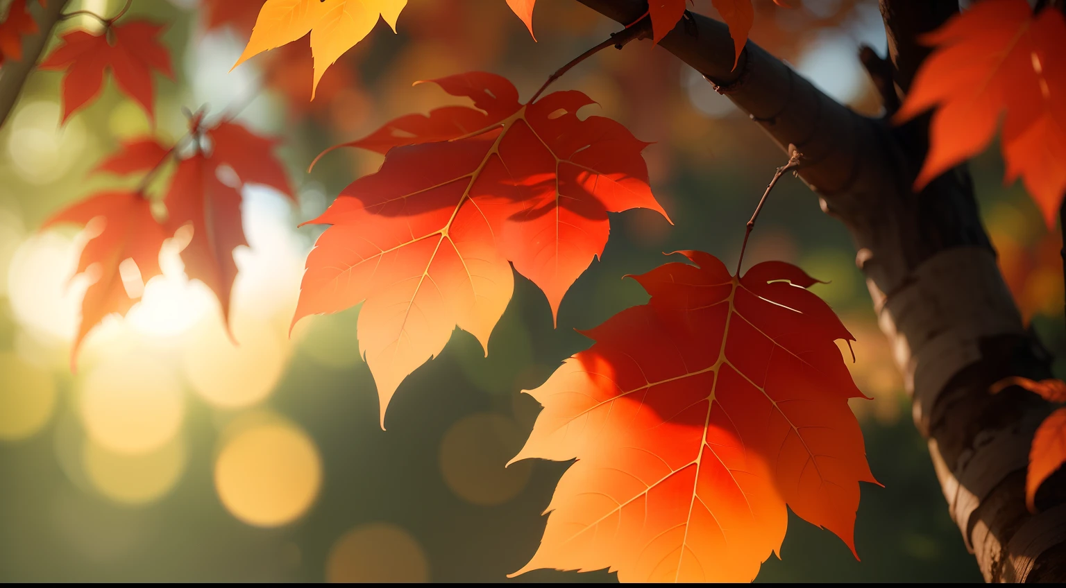 Colored leaves、Up、8K、top-quality、Delicate leaves、Branches in the sun、Hang sunlight on the leaves、Photorealsitic、Natural soft light、Ultra-detail upwards、Background blur、Photo effects、k hd、Photo effects