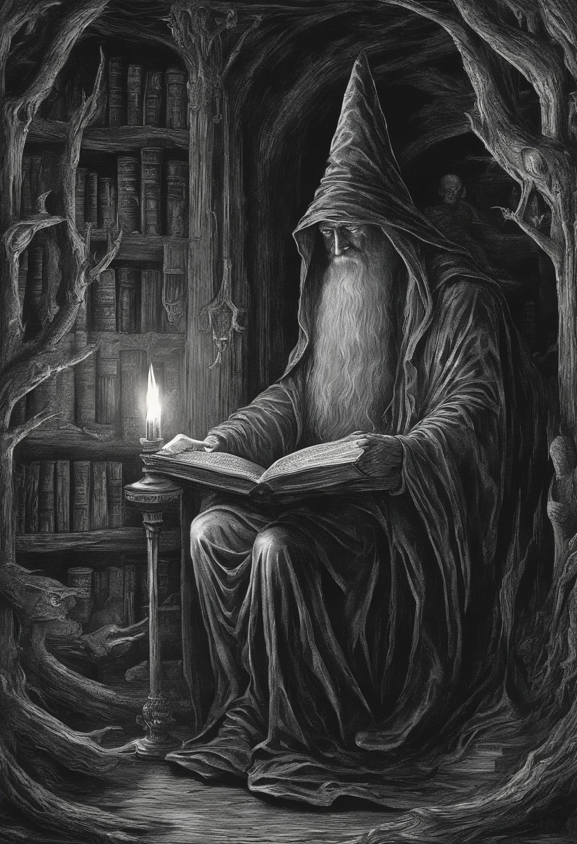 A wise old wizard reads an ancient tome by candlelight in a library carved from a large tree.. Tolkien's magical atmosphere.