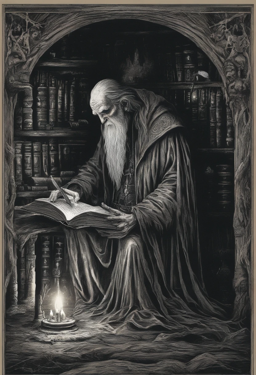 A wise old wizard reads an ancient tome by candlelight in a library carved from a large tree.. Tolkien's magical atmosphere.