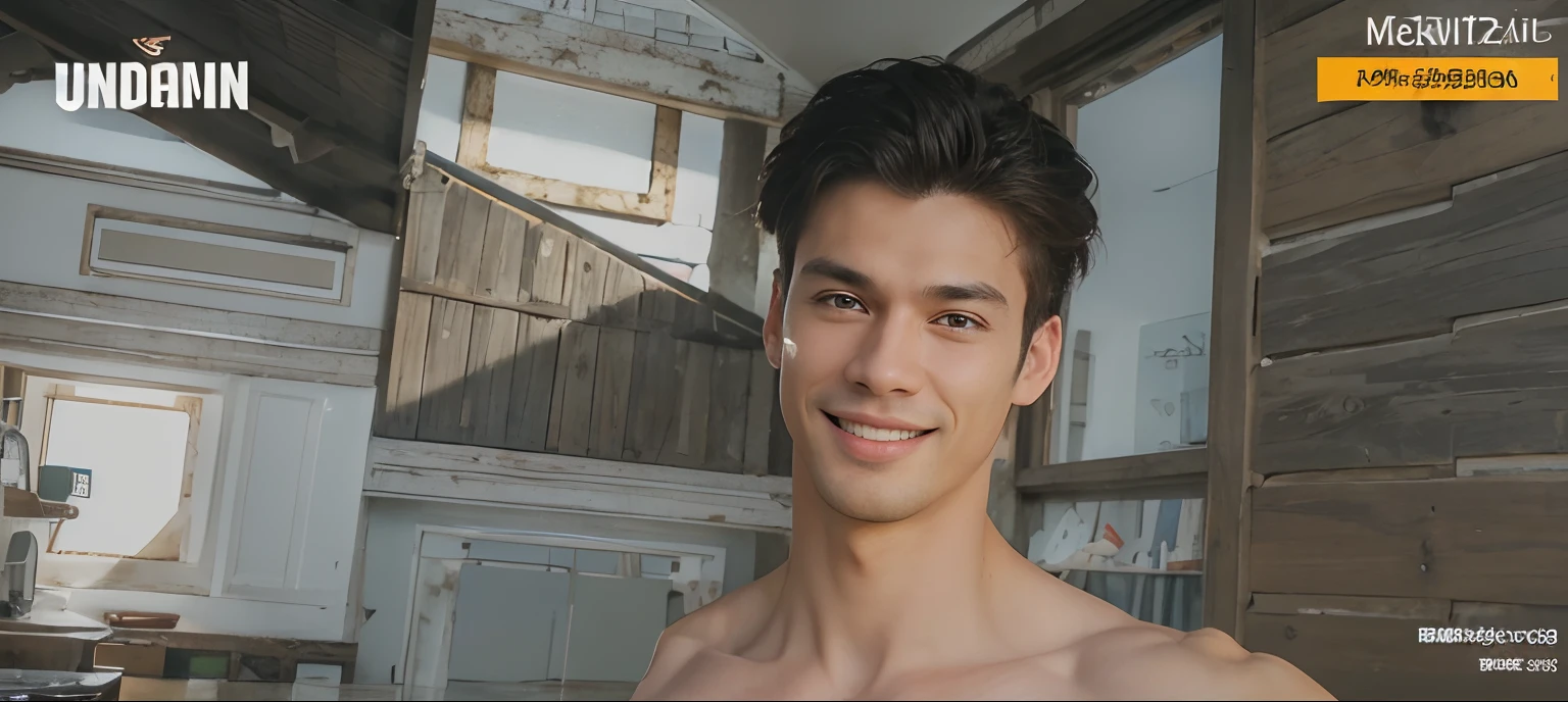 a lean skinny shirtless 19-year old caucasian boy wearing a white shorts, messy black hair, cute face, brown eyes, smiling, tanned skin, drenched in sweat, sweating profusely, posing on the wall, in the garden of roses