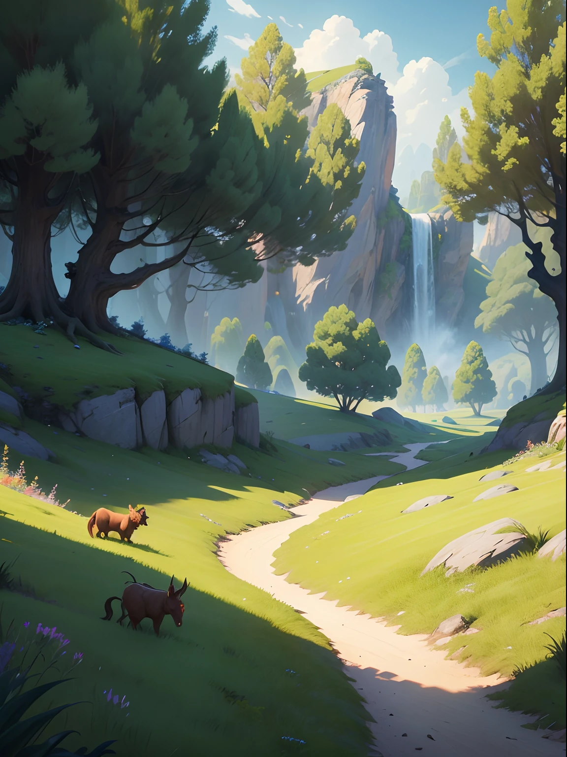 Masterpiece,hight resolution,winning artwork,Scenery of nature,grass field,fantasy-inspired,There are five small horned monsters,1 pretty demon,The first stage of the game
