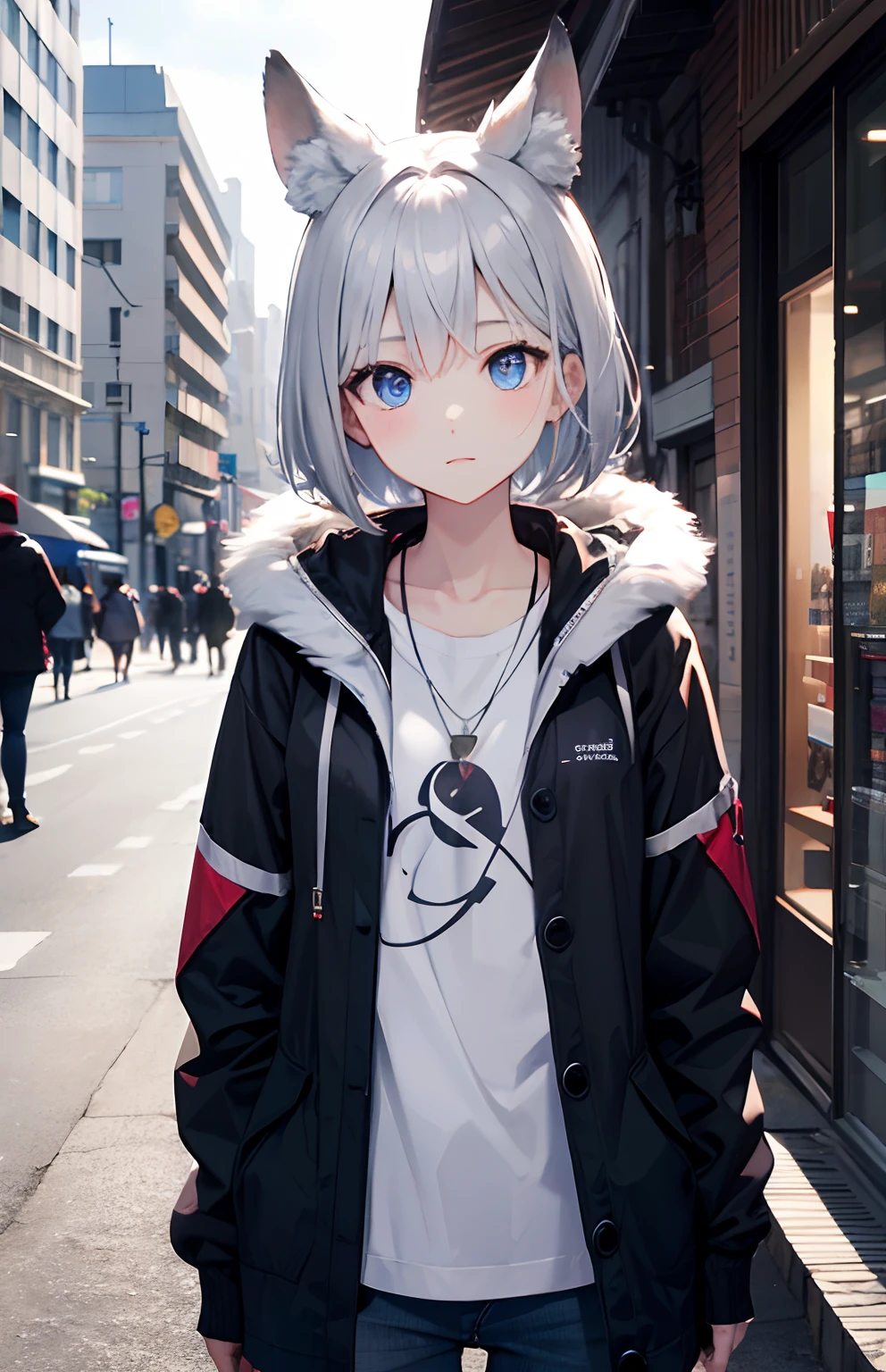 masterpiece,Top image quality,hight resolution,imagem 4k,Raw photo,Photorealsitic,{Solo},teens girl,silber hair,Bery short hair,stare at each other,Blue eyes,小柄,Silver fox ears,Fox tail,Silver Accessories,Sateen,natta,boyish,、,shortpants,parka,Street fashion,Black mask