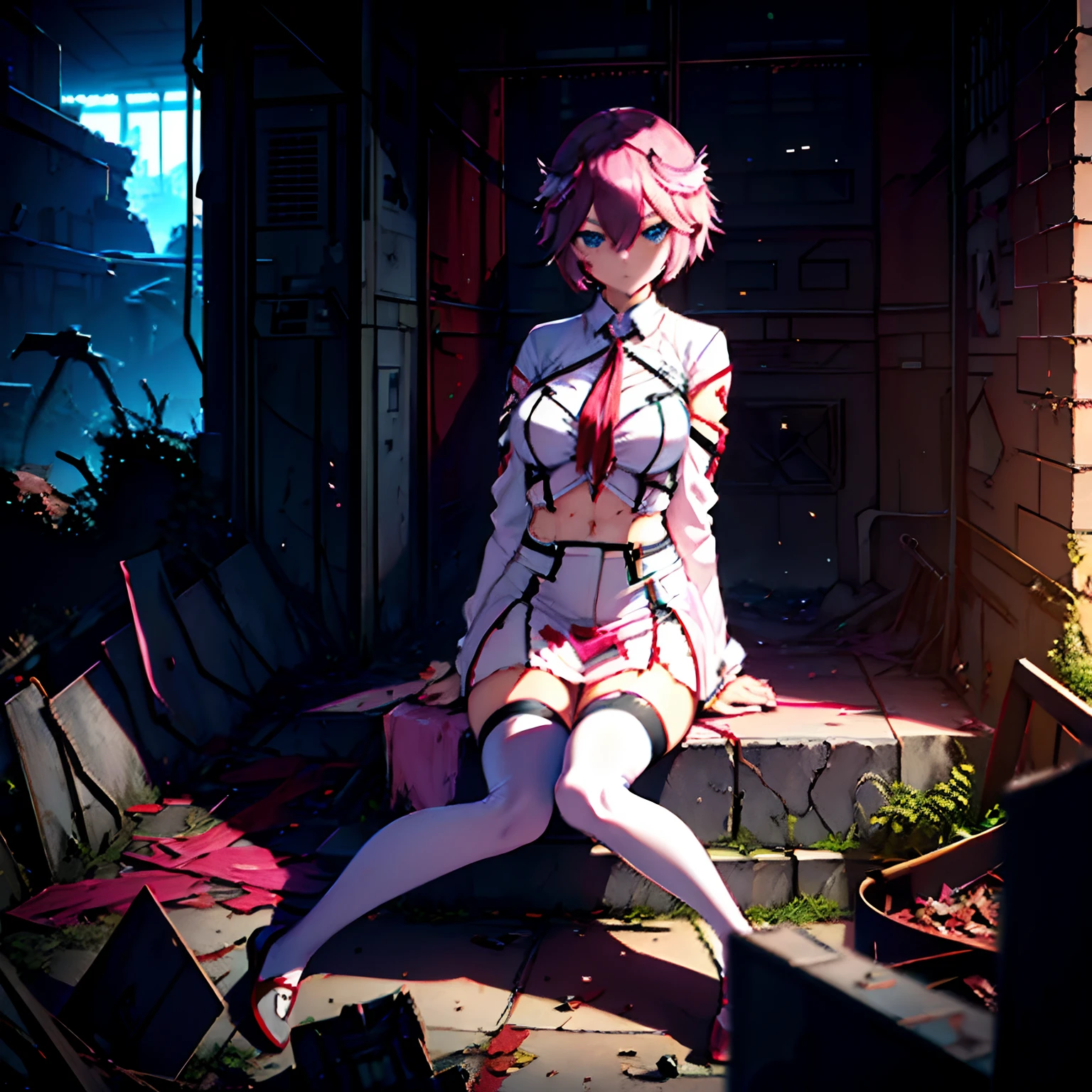 1 girl, solo, Takane_Lui, aberrant colours, tattered and torn white uniform, pencil skirt, partially naked, torn glossy black pantyhose, cool legwear, flamy pink hair, hair between eyes, short hair, sidebangs, ahoge, sparkling blue eyes, disgusted expression, wounded, sitting on ruins, alien-like marble ruins in background