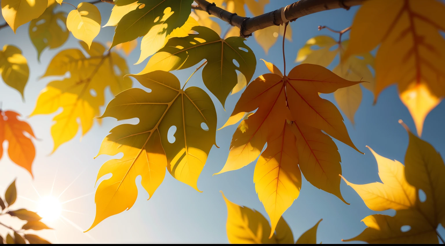 Colored leaves、Up、8K、top-quality、Delicate leaves、Branches in the sun、Hang sunlight on the leaves、Photorealsitic、Natural soft light、Hyper-detail s upwards、Background blur、Photo effects、k hd