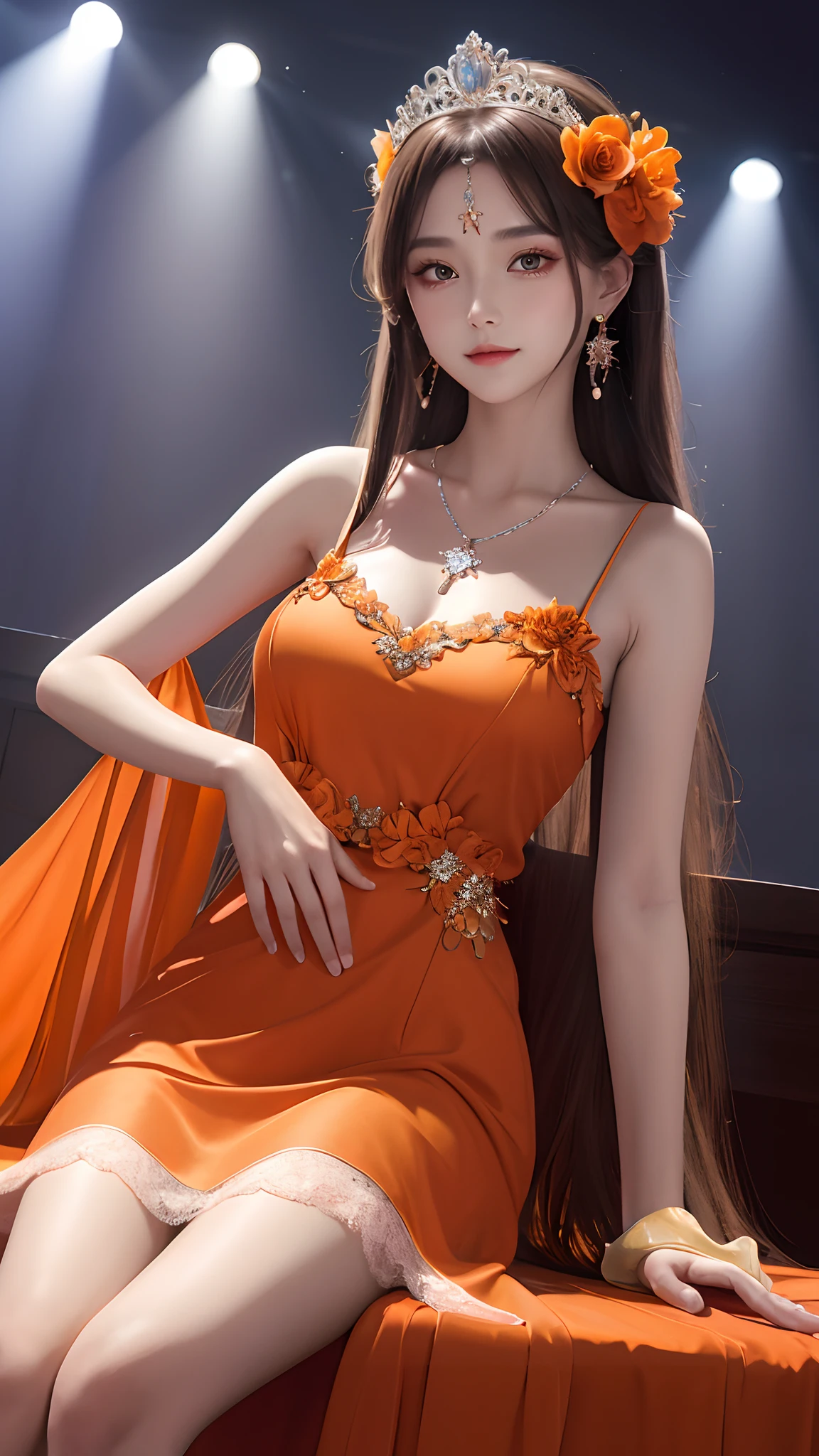 masterpiece, best quality, highres, long hair, tiara, hair ornament, hair flower, earrings, necklace, bare shoulders, bare waist:1.4, medium breasts, orange dress, strap dress, lace, orange gloves, (transparent dress:1), sitting, cowboy shot, stage, holding microphone,