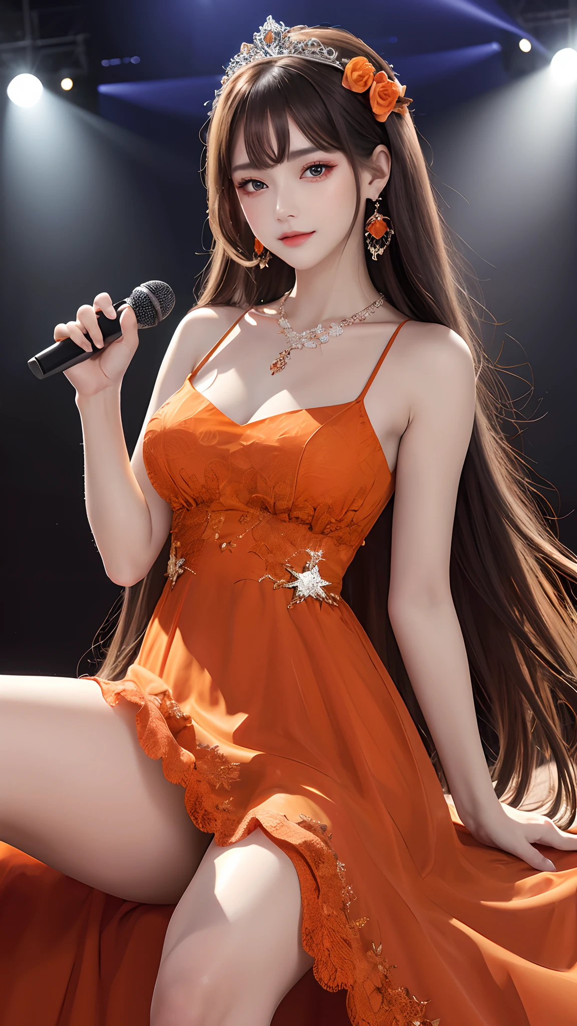 masterpiece, best quality, highres, long hair, tiara, hair ornament, hair flower, earrings, necklace, bare shoulders, bare waist:1.4, medium breasts, orange dress, strap dress, lace, orange gloves, (transparent dress:1), sitting, cowboy shot, stage, holding microphone,