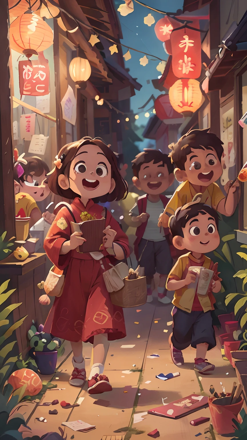 Lunar New Year, multiple persons, A group of children went to set off firecrackers, exteriors, Set off fireworks, cheerfulness, cheerfulness, Perfect quality, Clear focus (Clutter - home: 0.8), (Masterpiece: 1.2) (Realistic: 1.2) (Bokeh) (Best quality) (Detailed skin: 1.3) (Intricate details) (8K) (Detail eyes) (Sharp focus), (cheerfulness)