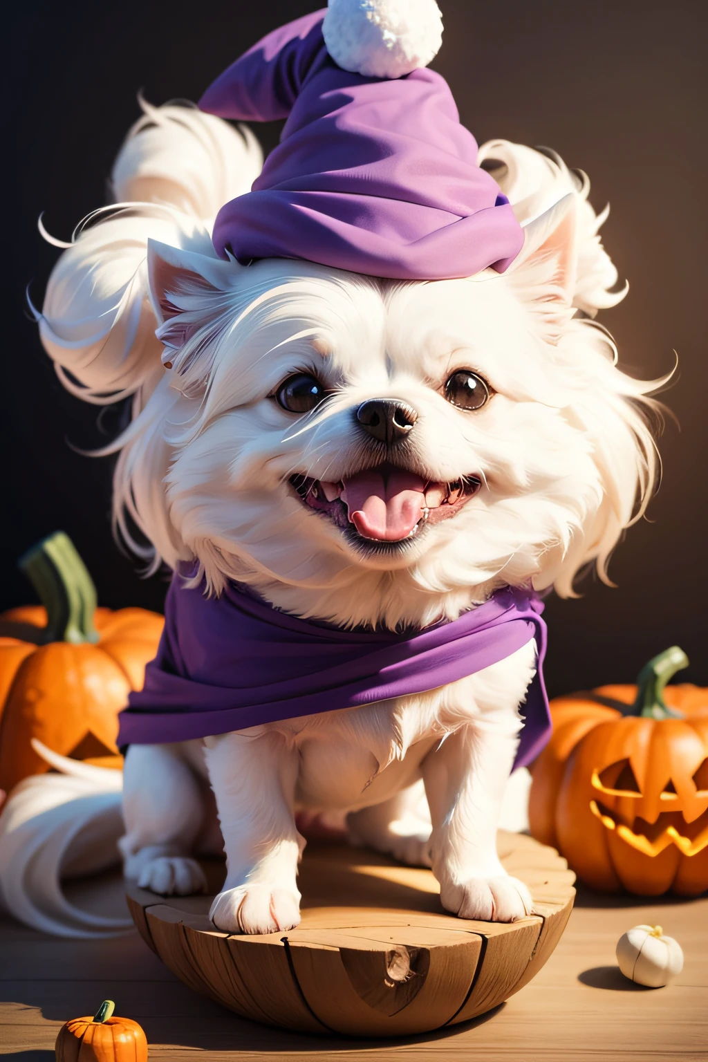 t-shirt design, minimalist, A happy white dog, Maltese, inside a carved pumpkin, with just its head popping out, wearing a tiny purple witch hat.
