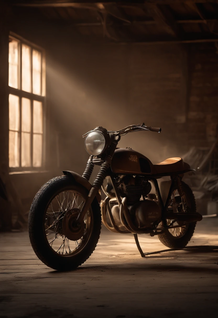 An abandoned MotoGP bike in a dusty garage. (best quality,4k,8k,highres,masterpiece:1.2), ultra-detailed, (realistic,photorealistic,photo-realistic:1.37), vintage, gritty, weathered, dimly lit, atmospheric, neglected, worn-out tires, dirt-covered bodywork, rusted chains, faded paint, peeling decals, cobwebs, dusty corners, crumpled newspapers, broken tools, broken windows, beam of light, shadows and highlights, textures, oil stains, aged wooden floor, retro, nostalgic.