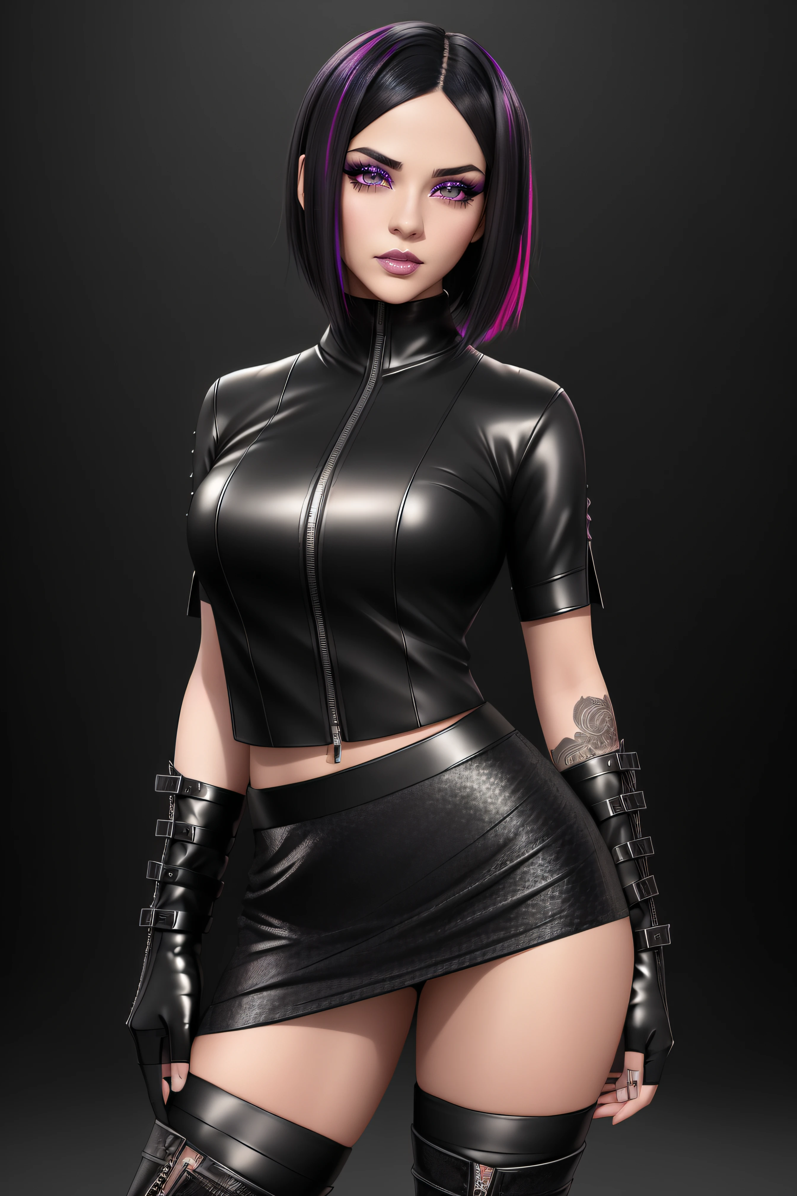 beautiful girl, ((standing:1.4)), (confident gaze:1.1), full body, short bright neon streaked black hair, ((realistic highly detailed eyes:1.4)), ((seductive pose:1.2)), black eyeshadow, (street style wear:1.2), ((tight fitted skirt)), ((knee high leather boots)), (dark city night black background:1.4), dark makeup, digital art, trending on artstation, highly detailed, fine detail, intricate, detailed facial features, sharp focus, smooth, aesthetic,