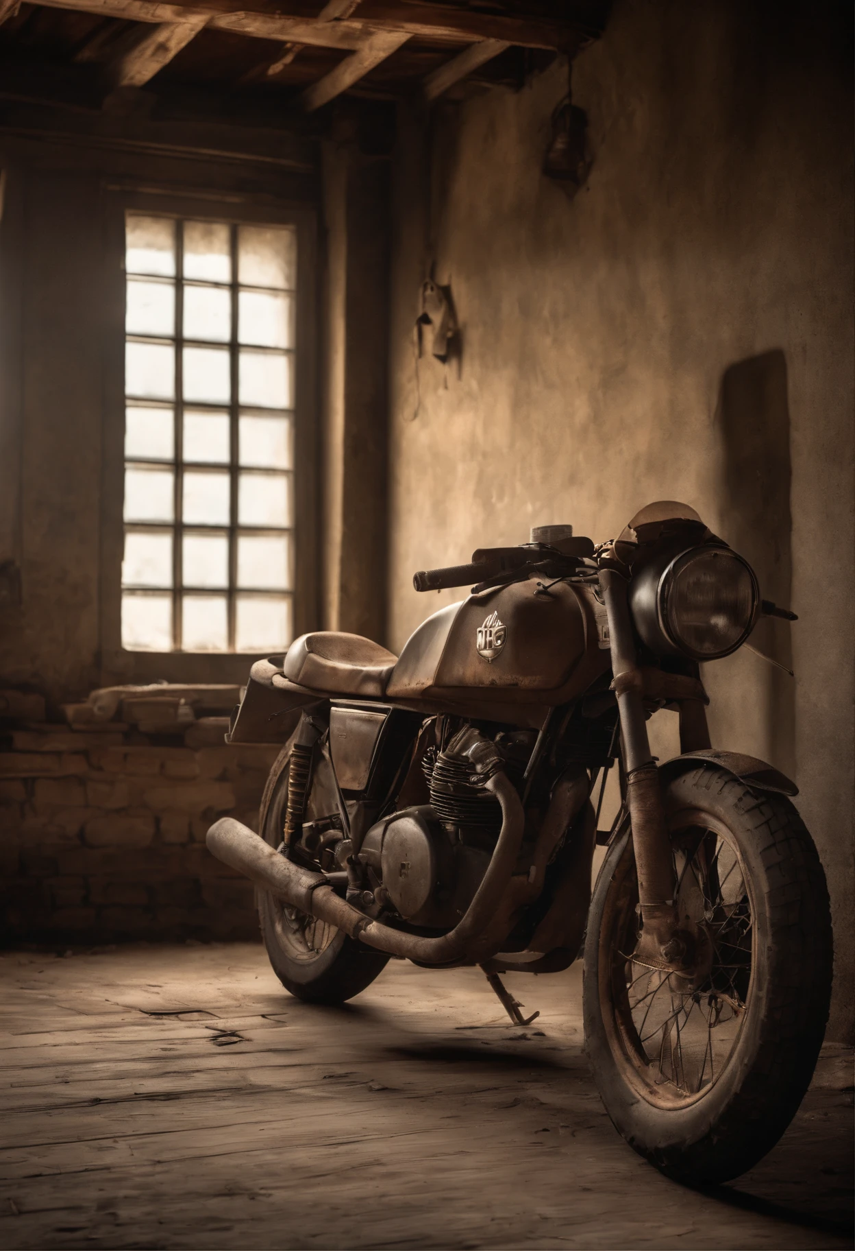 An abandoned MotoGP bike in a dusty garage. (best quality,4k,8k,highres,masterpiece:1.2), ultra-detailed, (realistic,photorealistic,photo-realistic:1.37), vintage, gritty, weathered, dimly lit, atmospheric, neglected, worn-out tires, dirt-covered bodywork, rusted chains, faded paint, peeling decals, cobwebs, dusty corners, crumpled newspapers, broken tools, broken windows, beam of light, shadows and highlights, textures, oil stains, aged wooden floor, retro, nostalgic.
