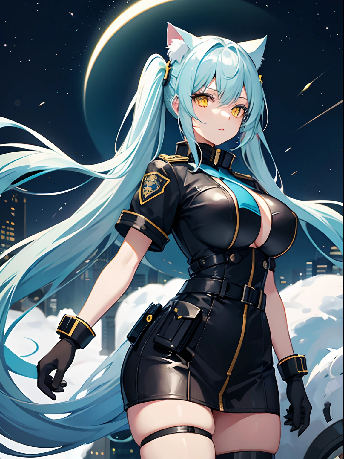 Long Hair, Twintail, Light Blue Hair, Yellow Eyes, Cat Ears, Big Boobs, Tight Police Uniform, Nighttime, Holding A Helmet, Wearing Black Gloves