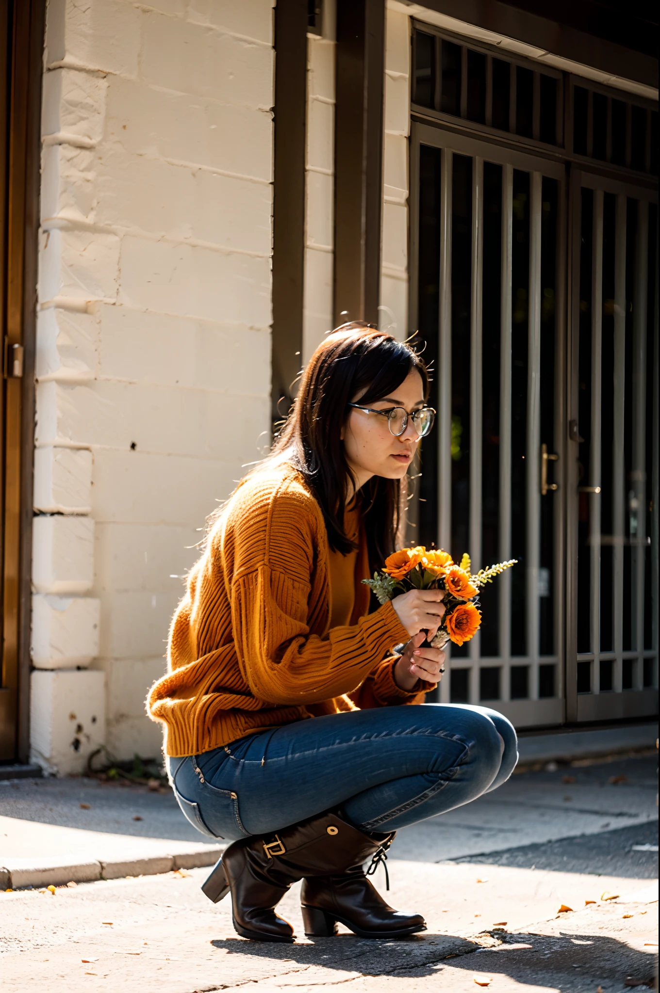 (best quality,highres),soft lighting,brown long boots,averting gaze,squatting pose,holding a large bouquet in one hand,jeans pants,orange knitwear with a white collar,round glasses,dynamic posing,side view angle,young European beauty, orange-toned outfit,blue bag