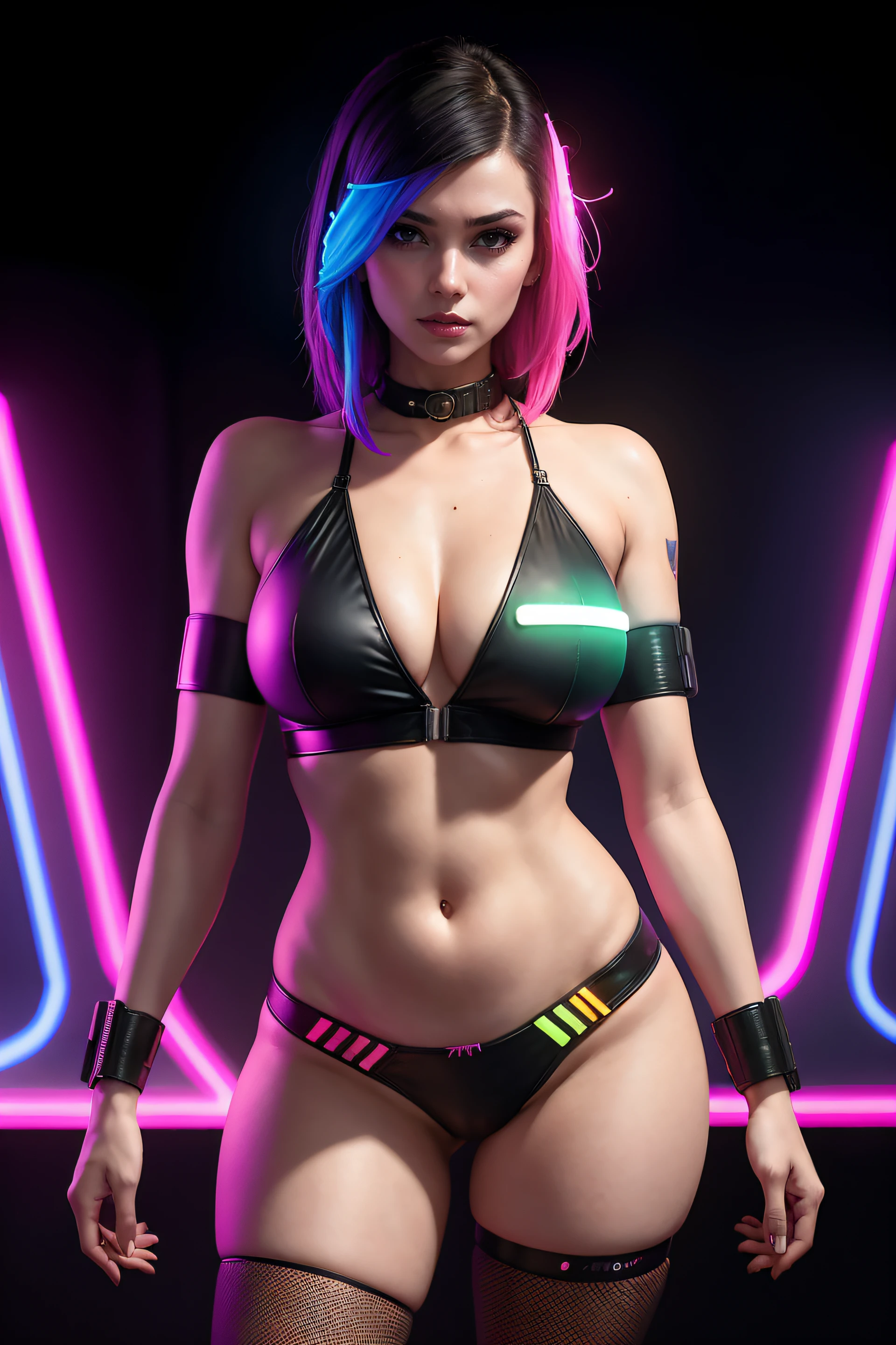 there is a woman standing with a rainbow light, 3 d neon art of a womans body, neon-noir background, cyberpunk femme fatale, seductive cyberpunk dark fantasy, cyberpunk strip clubs, cyberpunk 20 y. o model girl, oppai cyberpunk, banner, high definition cgsociety, cgsociety masterpiece, trending on cgstation, kda