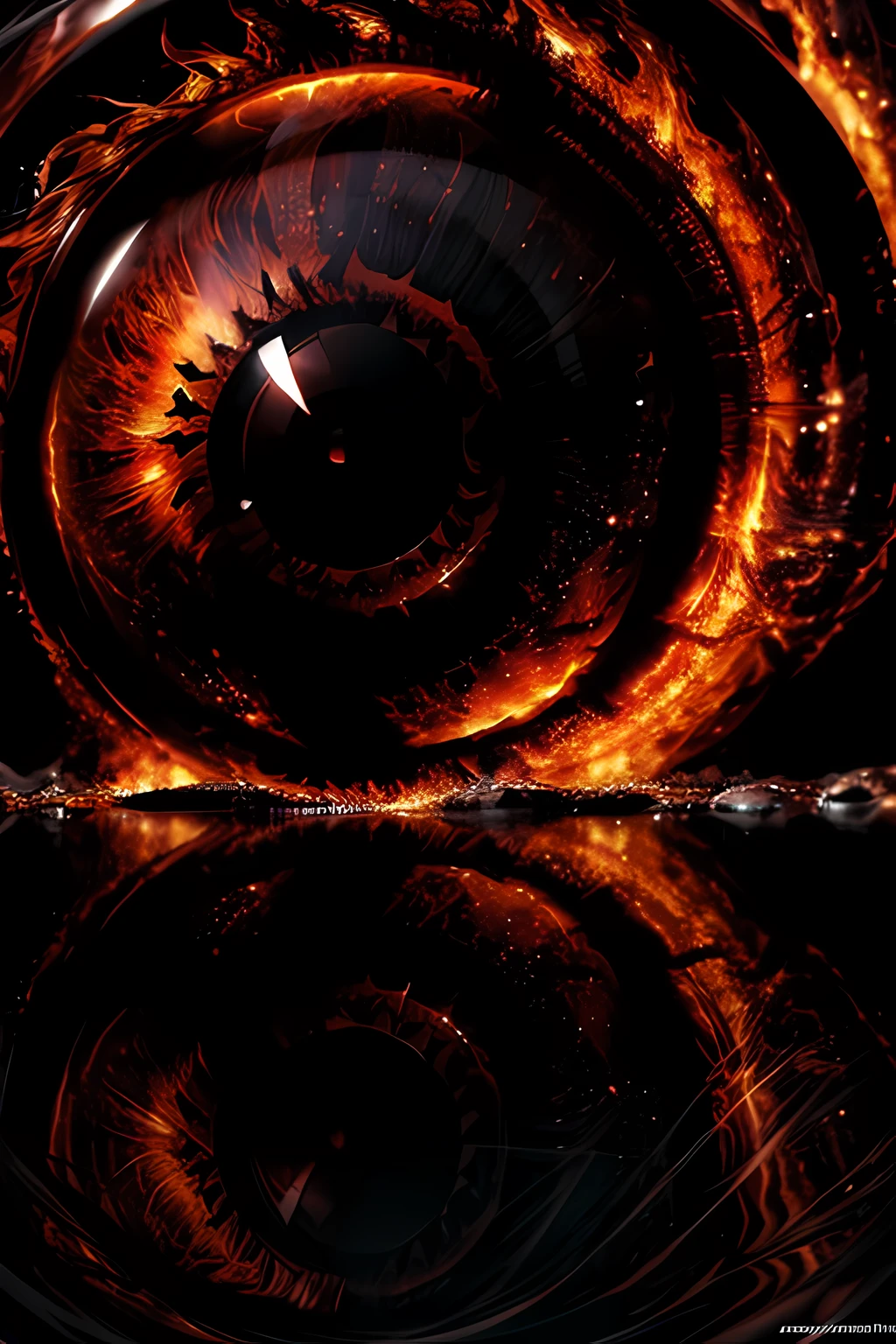 arafed, high details, best quality, 16k, [ultra detailed], masterpiece, best quality, (extremely detailed), dynamic angle, ultra wide shot, RAW, photorealistic, a extreme magnified picture of (1) fiery eye of a black devil, red iris, a full black moon, round moon being reflected on the iris, 3D rendering, [[anatomically correct]] zrpgstyle