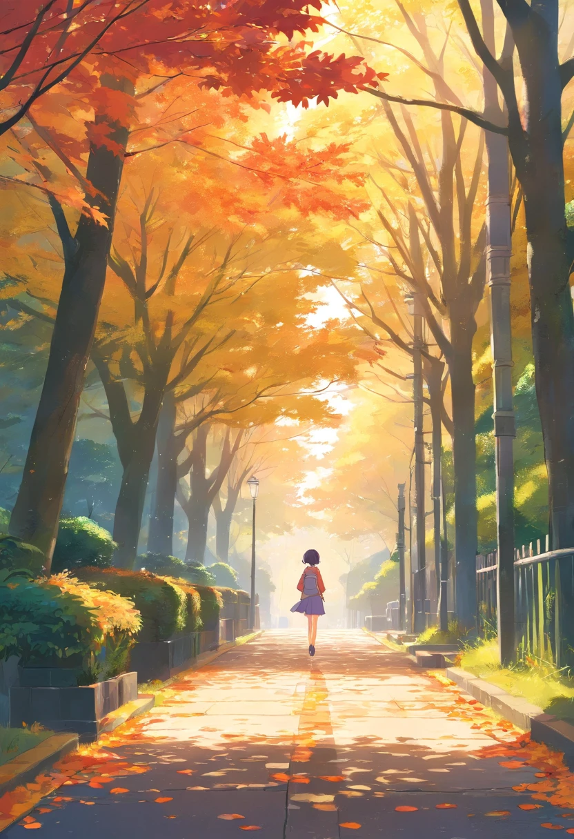 Mountainside,Red House Room,Big maple tree,Clean the pavement,Fallen leaves,autumnal,The back of a girl in purple in the early morning,Light yellow tone,super-fine,Carefully portrayed,high qulity,4k landscape