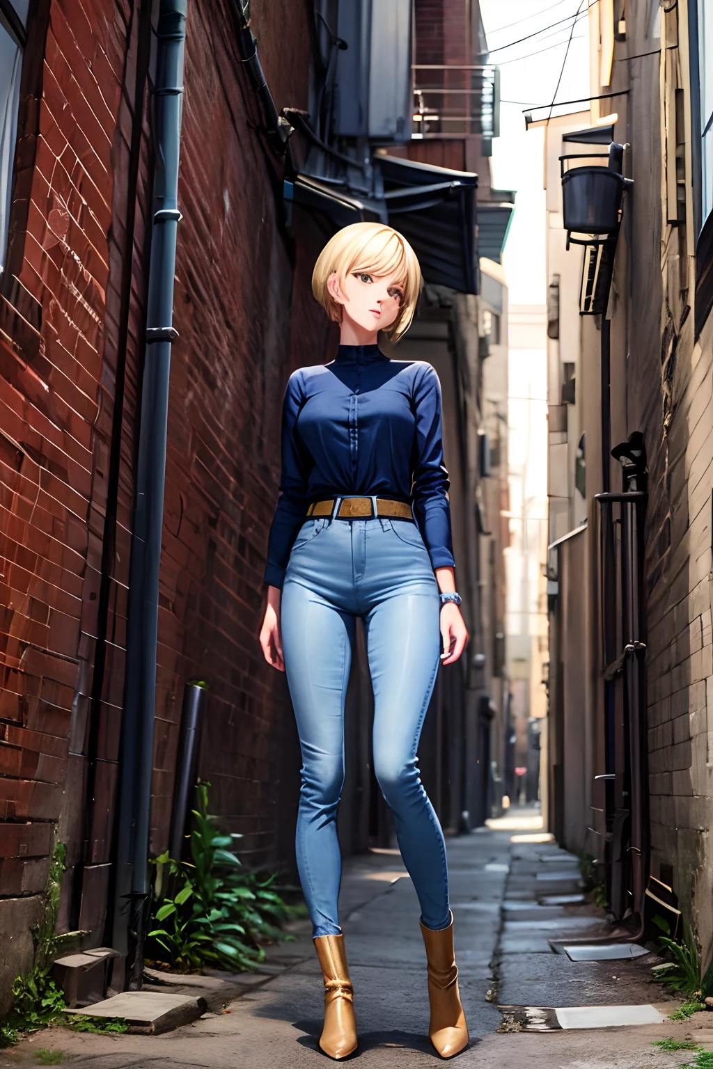 Blonde short-cut woman wearing blue skinny jeans Wearing knee-high boots Background in a back alley